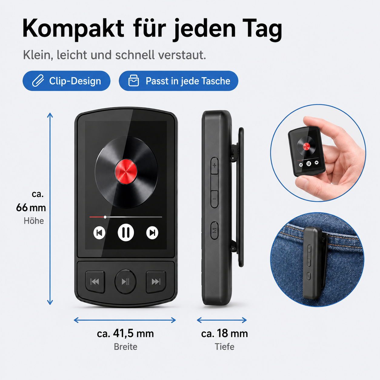 Kompakter MP3-Player mit Clip, Maßen von 66x41,5x18 mm und Anzeige in Hand und Tasche.
