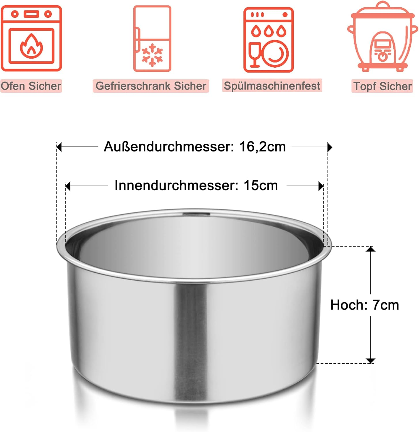 Ein Edelstahltopf mit Maßpfeilen zeigt 16,2cm Außen-, 15cm Innendurchmesser und 7cm Höhe.