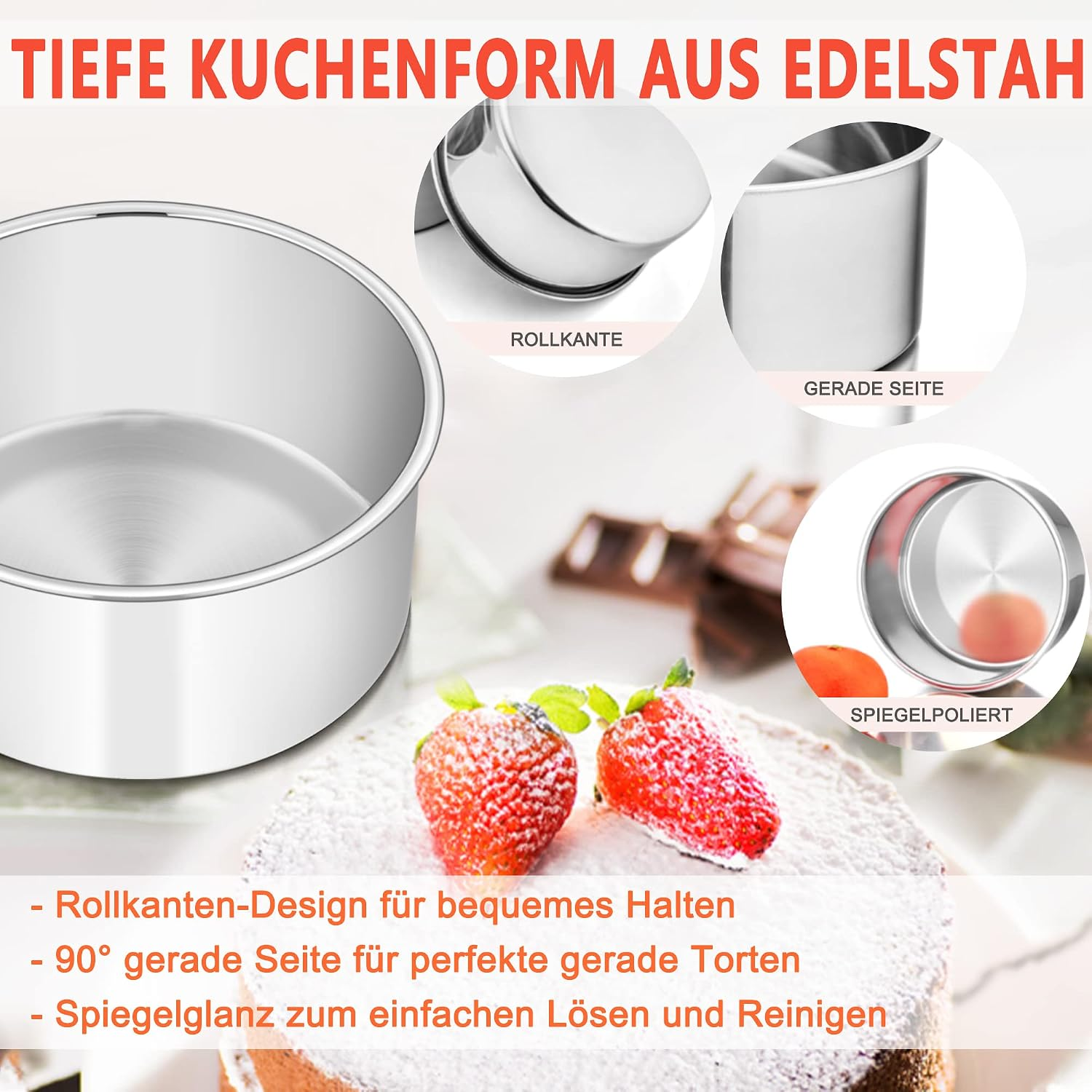 Edelstahl-Kuchenform mit Detailaufnahmen, Erdbeerkuchen und Text auf Deutsch.