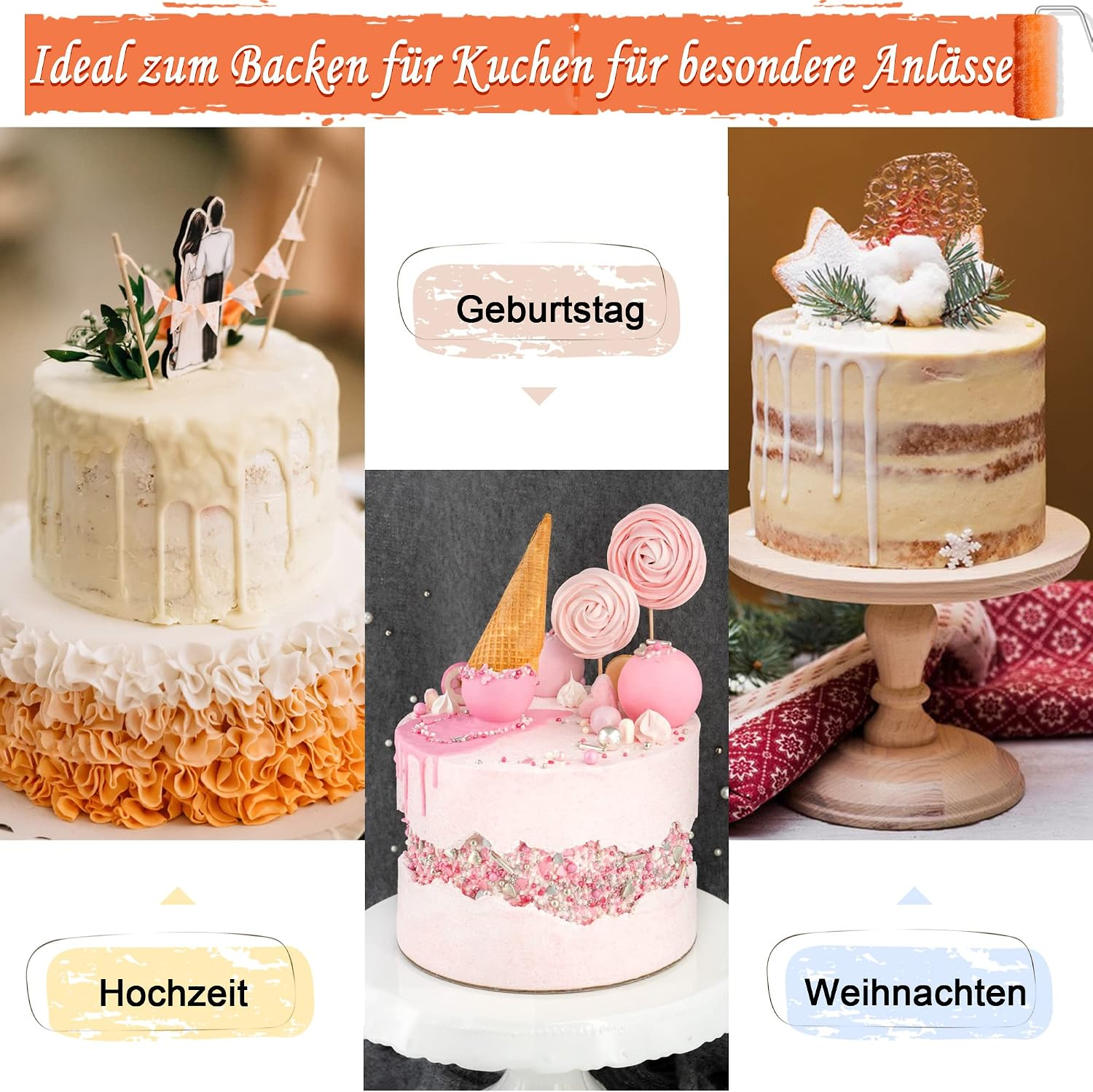 Collage aus vier verschiedenen verzierten Kuchen für Hochzeit, Geburtstag und Weihnachten.
