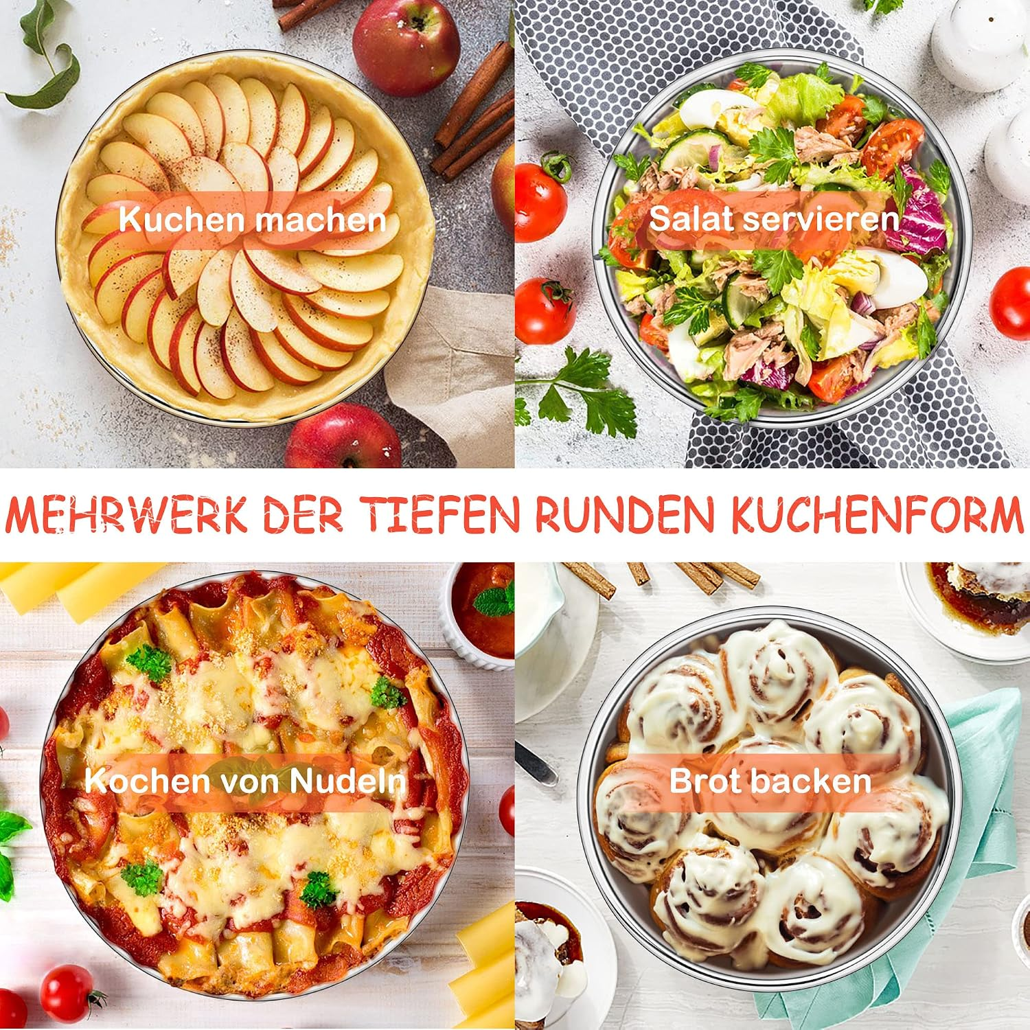 Vier Bilder zeigen verschiedene Gerichte: Apfelkuchen, Salat, Nudeln und Zimtschnecken.