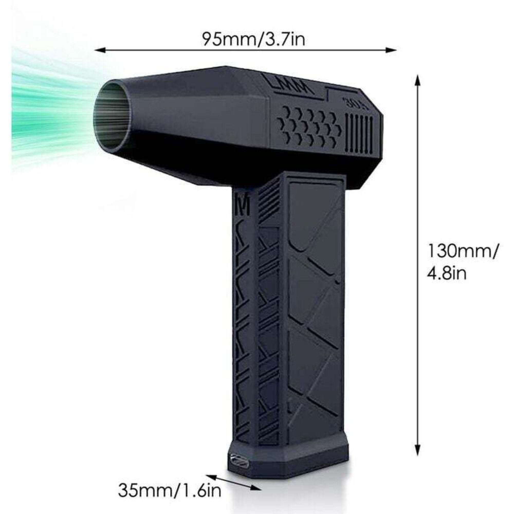 Schwarzes Hand-Lüftungsgerät mit Maßen: 95mm Länge, 130mm Höhe und 35mm Breite.