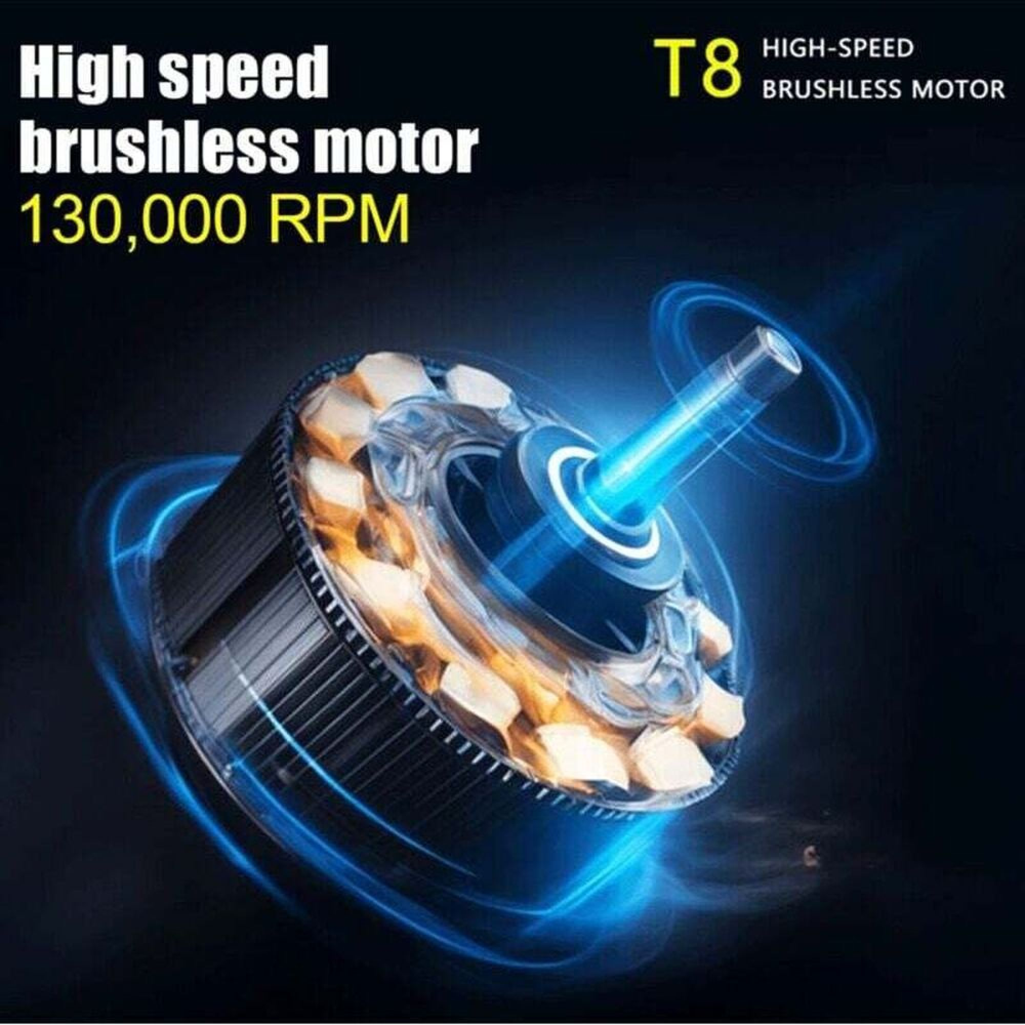 Ein T8 Hochgeschwindigkeits-Bürstenlosen Motor mit 130.000 RPM, umgeben von blauen Lichteffekten.