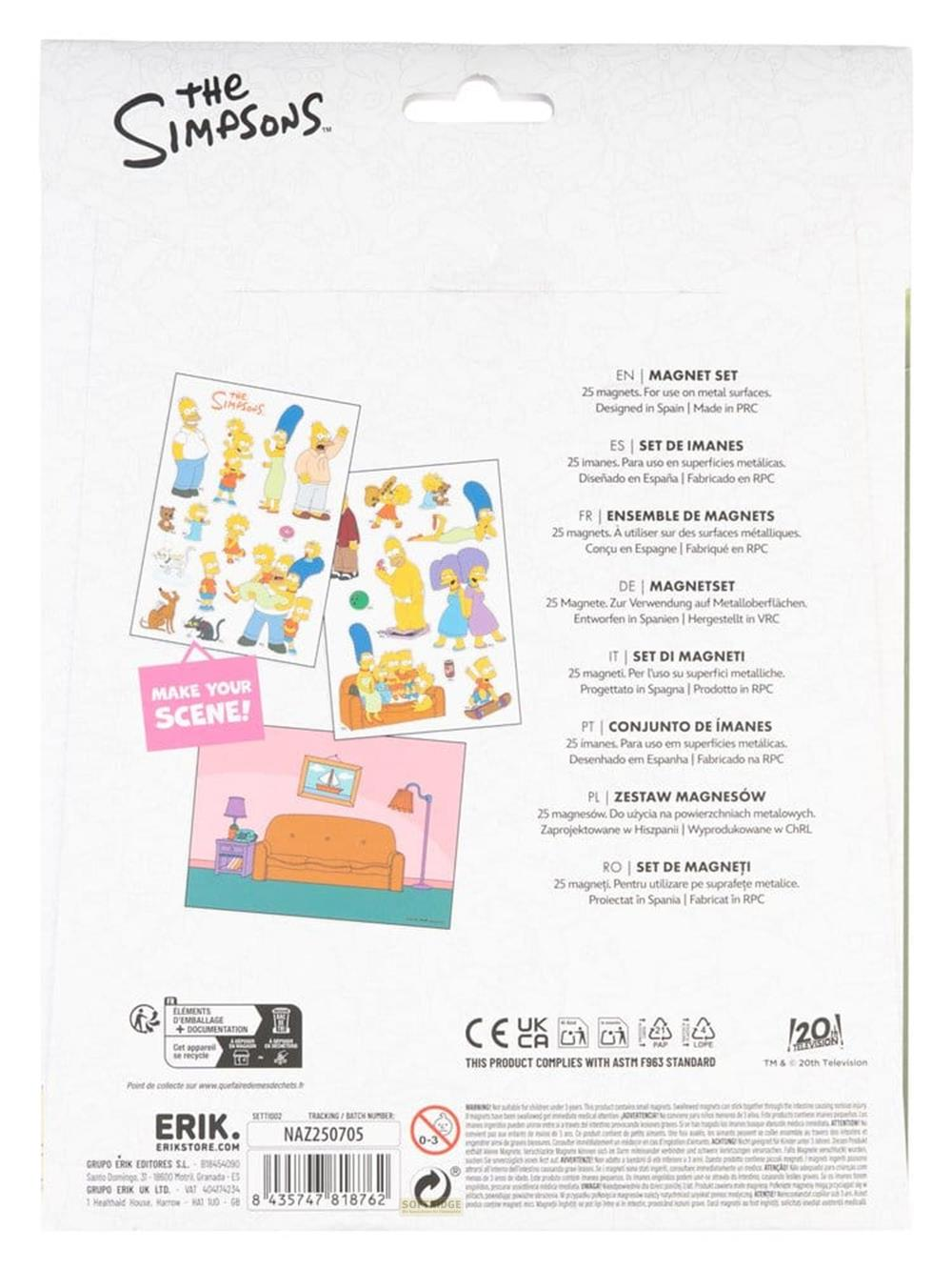 Rückseite der Simpsons-Magnetset-Verpackung mit 25 Charaktermagneten und einem Wohnzimmer-Hintergrund.