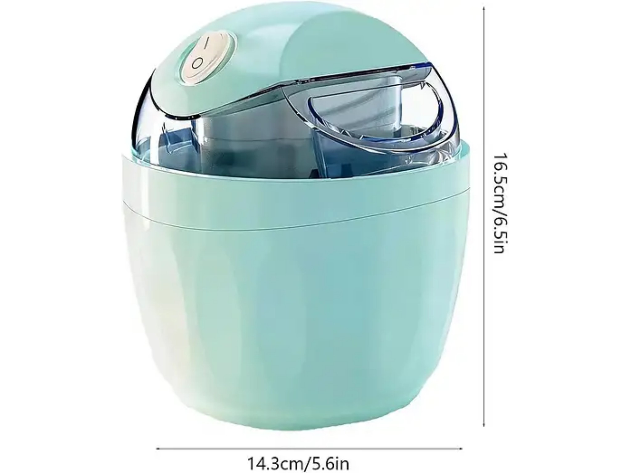 Eine kompakte, mintgrüne Eismaschine mit Maßen: 14,3 cm breit und 16,5 cm hoch.