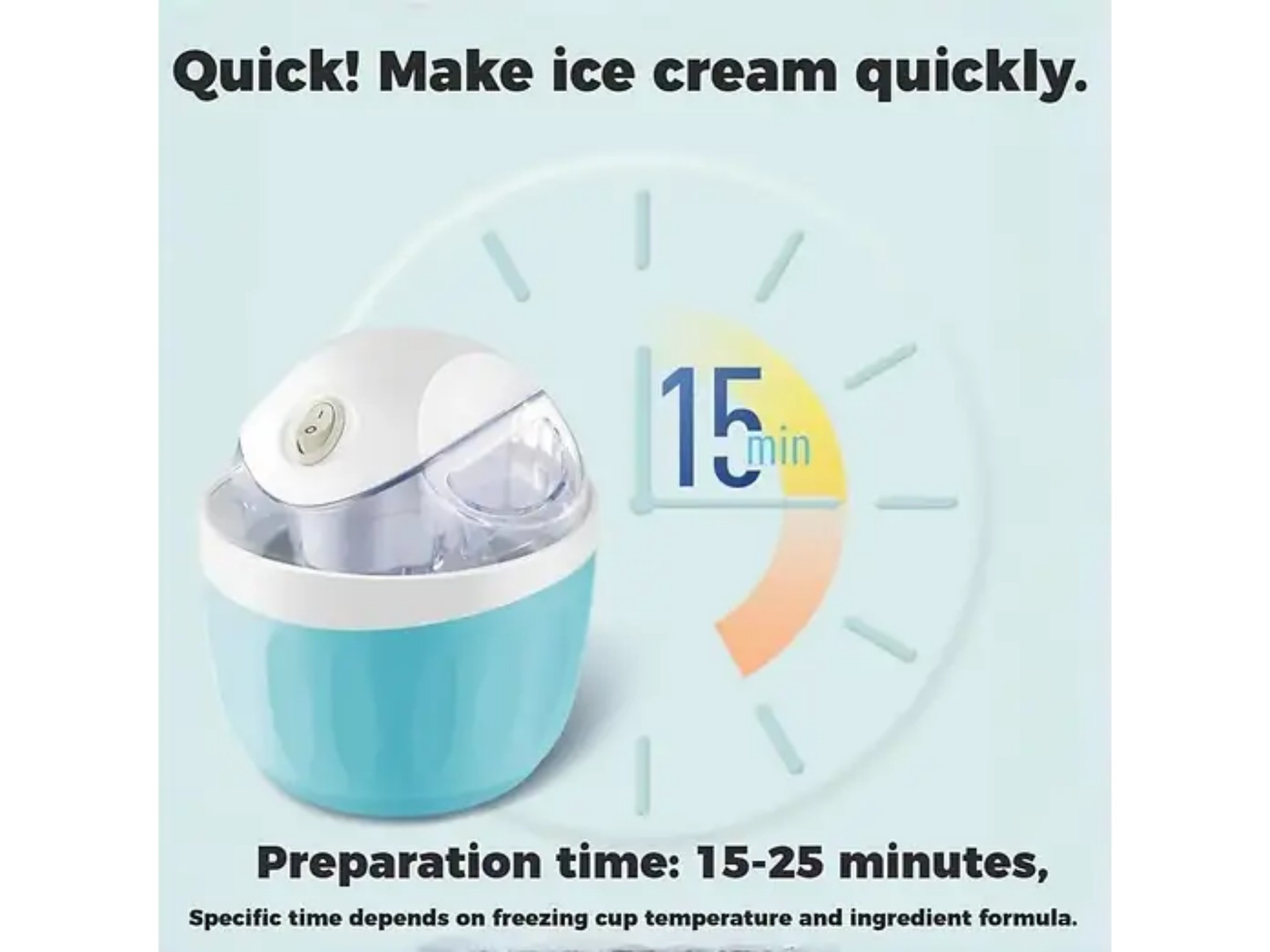 Blaue Eismaschine vor einer Uhr, die 15 Minuten anzeigt, mit Text über schnelle Zubereitung.