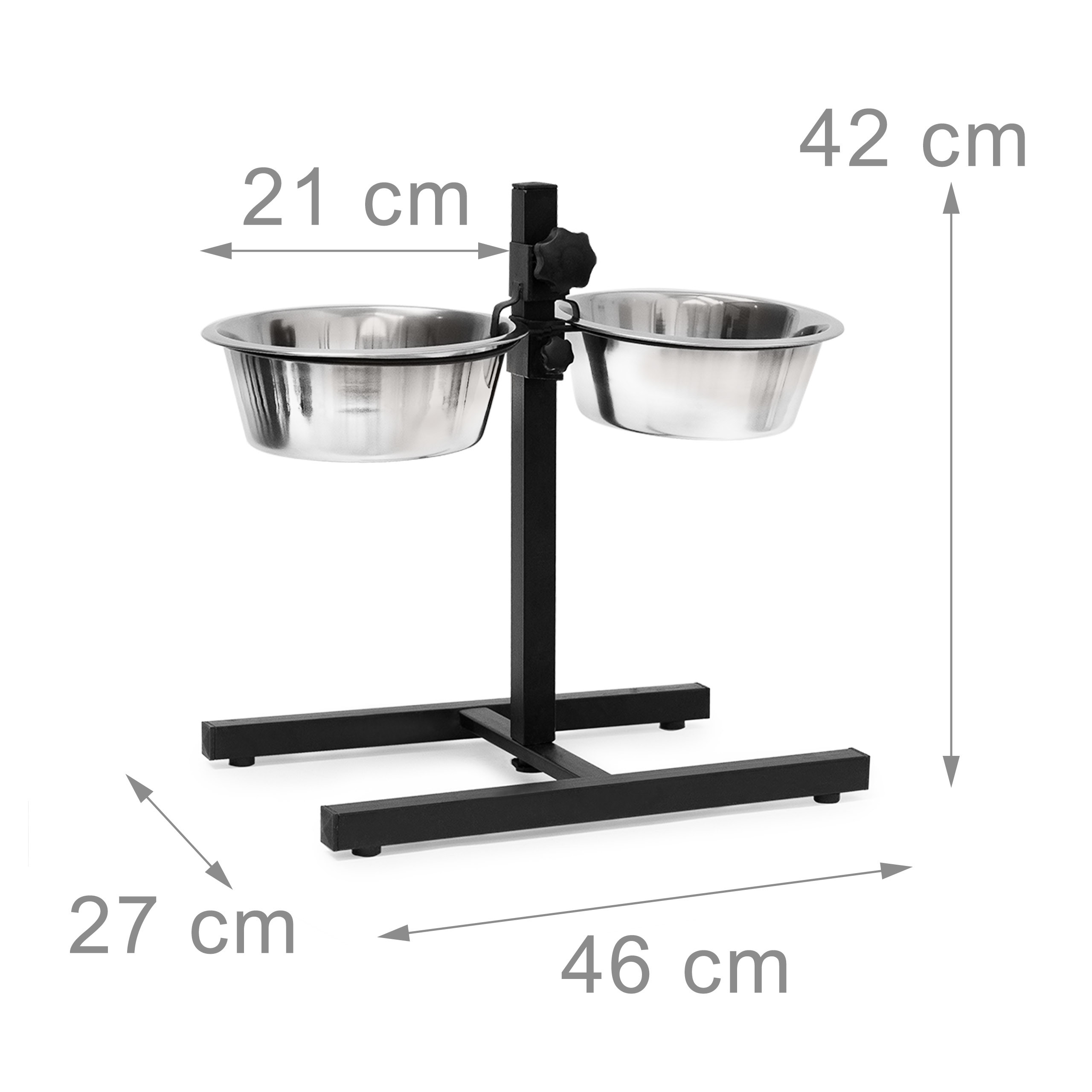 Verstellbarer schwarzer Metallständer mit zwei Edelstahl-Futternäpfen und Maßen von 21 cm, 27 cm, 42 cm und 46 cm.