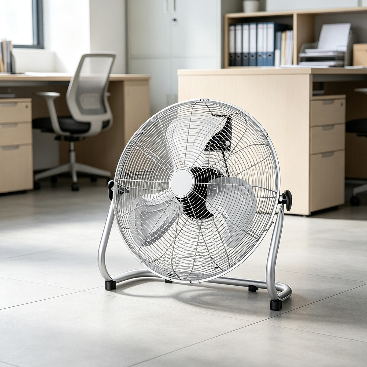 Ein silberner Bodenventilator steht auf einem gefliesten Büroboden, im unscharfen Hintergrund Holzschreibtische.