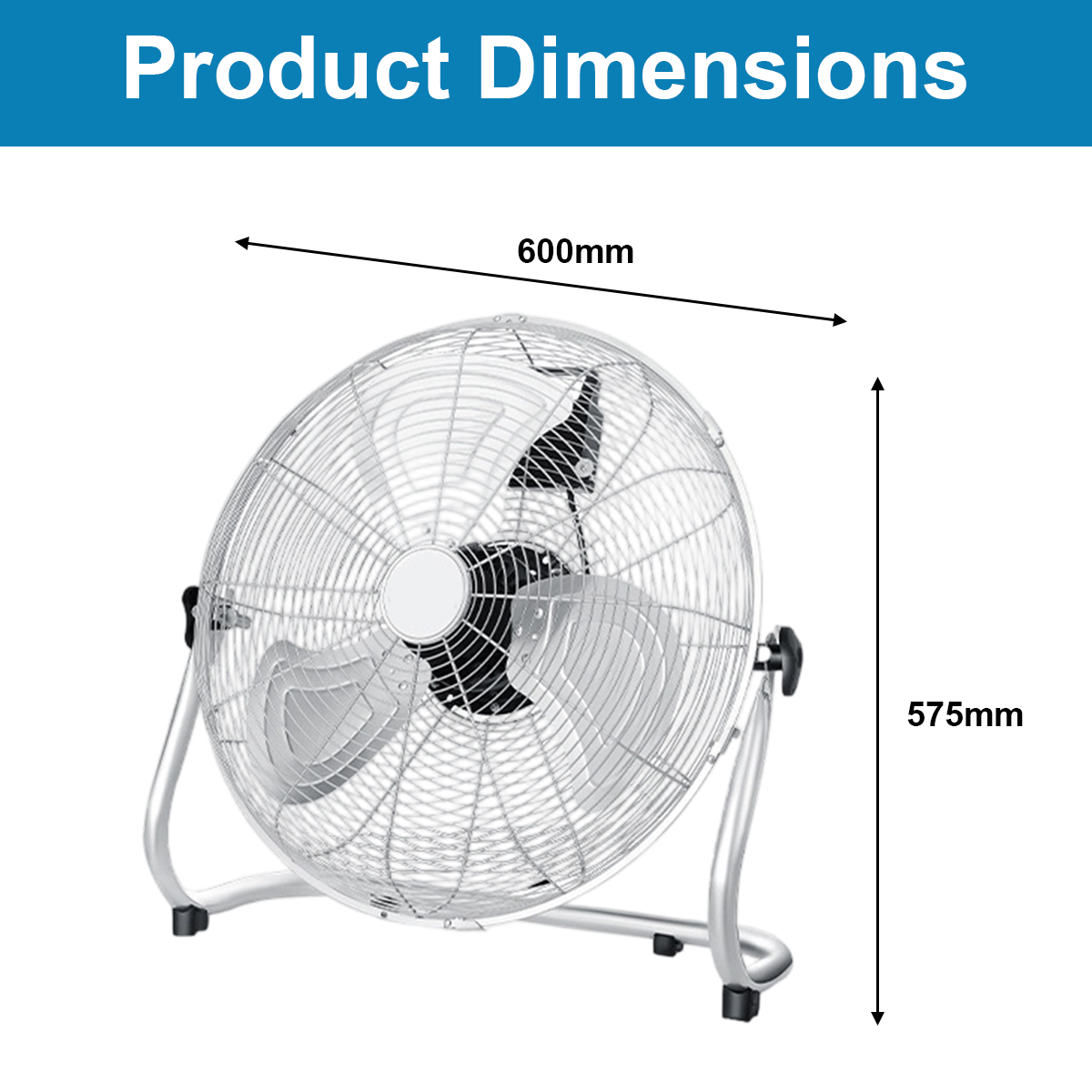 Produktabmessungen eines silbernen Bodenventilators mit 600 mm Breite und 575 mm Höhe.