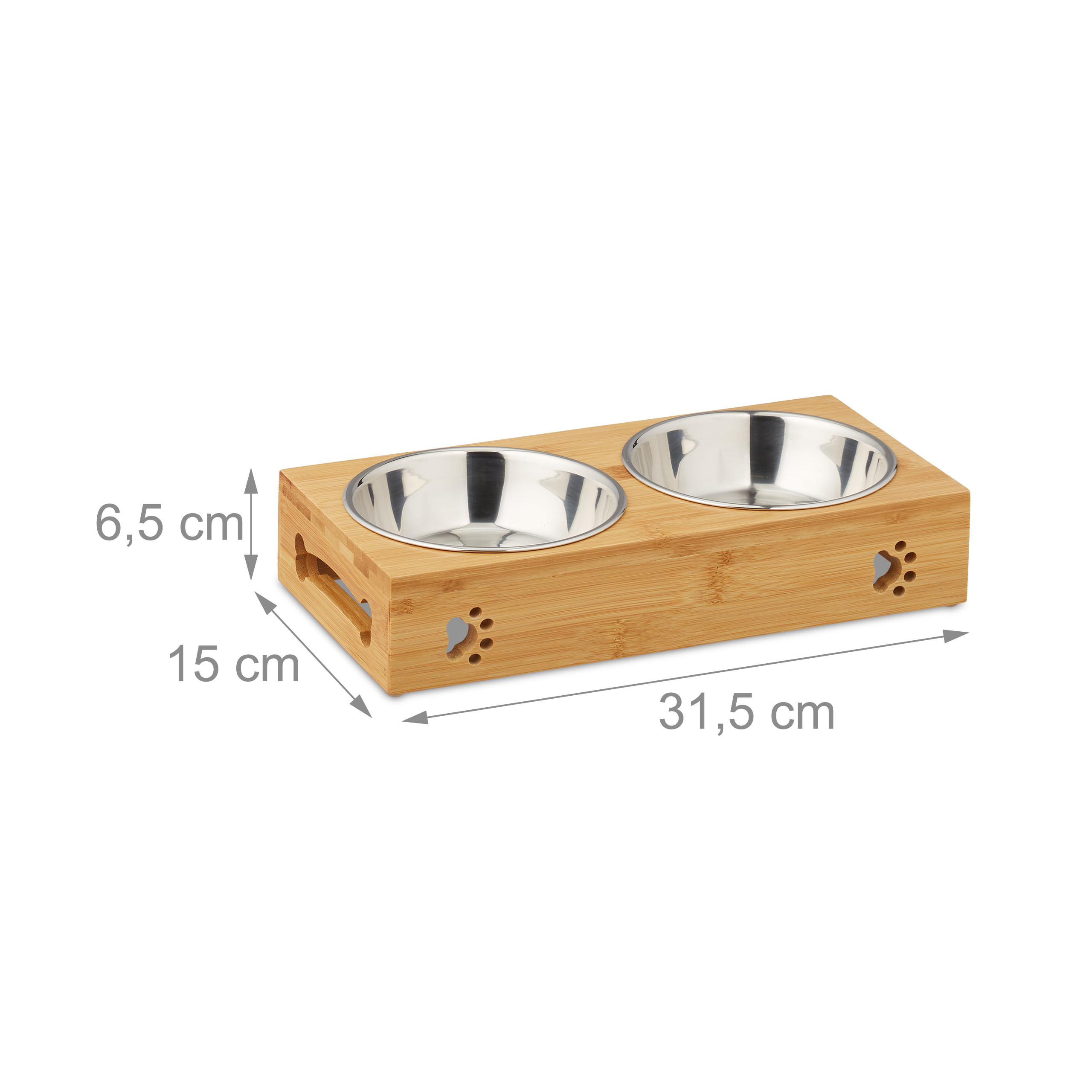 Ein Fressnapfständer aus Holz mit zwei Edelstahlnäpfen, Maße: 31,5 cm lang, 15 cm breit und 6,5 cm hoch.