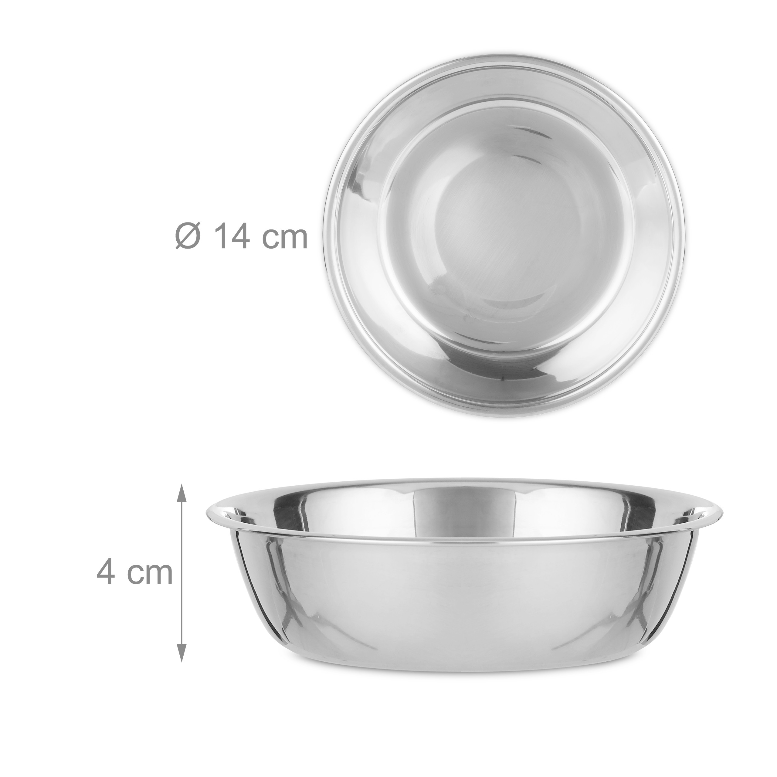 Eine polierte Edelstahl-Schüssel, 14 cm Durchmesser und 4 cm Höhe.