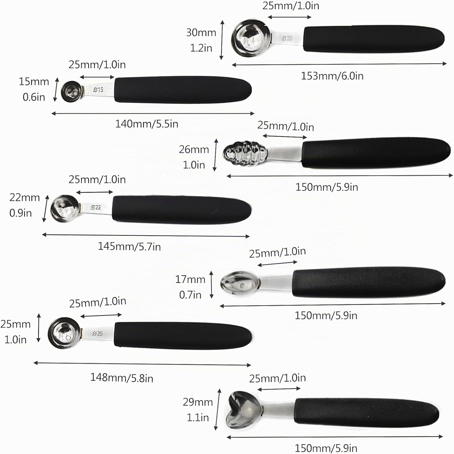 Diagramm mit acht Melonenausstechern mit schwarzen Griffen und Edelstahlkugeln, mit Maßen in mm und Zoll.