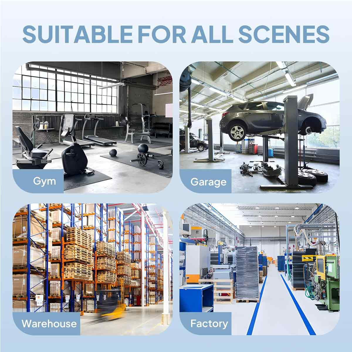 Vier Bilder zeigen verschiedene Einsatzbereiche: Fitnessstudio, Autowerkstatt, Lagerhalle und Industriehalle.
