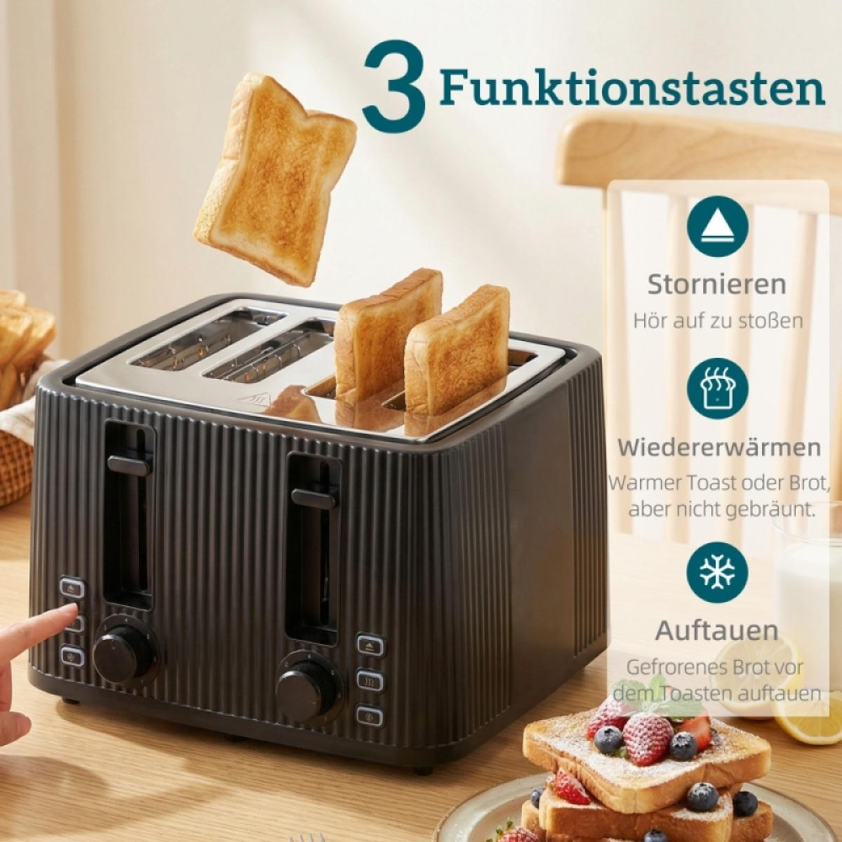 Schwarzer Toaster mit Toastscheiben und Erklärungen zu drei Funktionstasten auf Deutsch.
