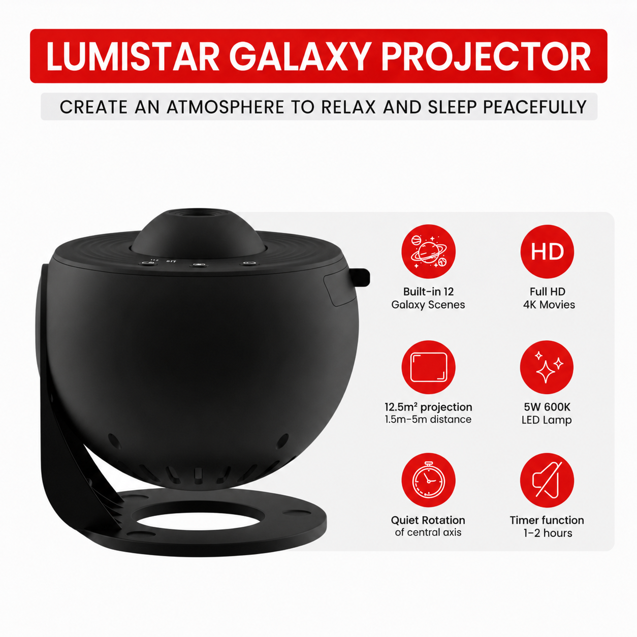 Schwarzer Lumistar Galaxie-Projektor auf einem Ständer mit sechs roten Feature-Icons auf weißem Hintergrund.