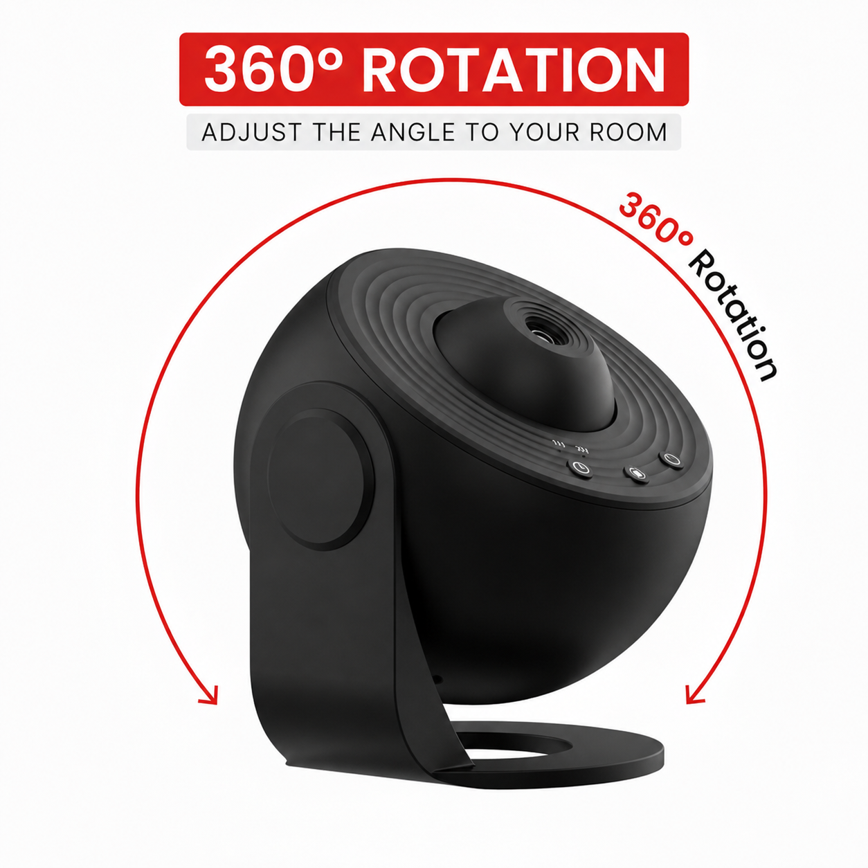 Schwarzer kugelförmiger Projektor auf einem Ständer mit 360-Grad-Rotationspfeilen und Text.