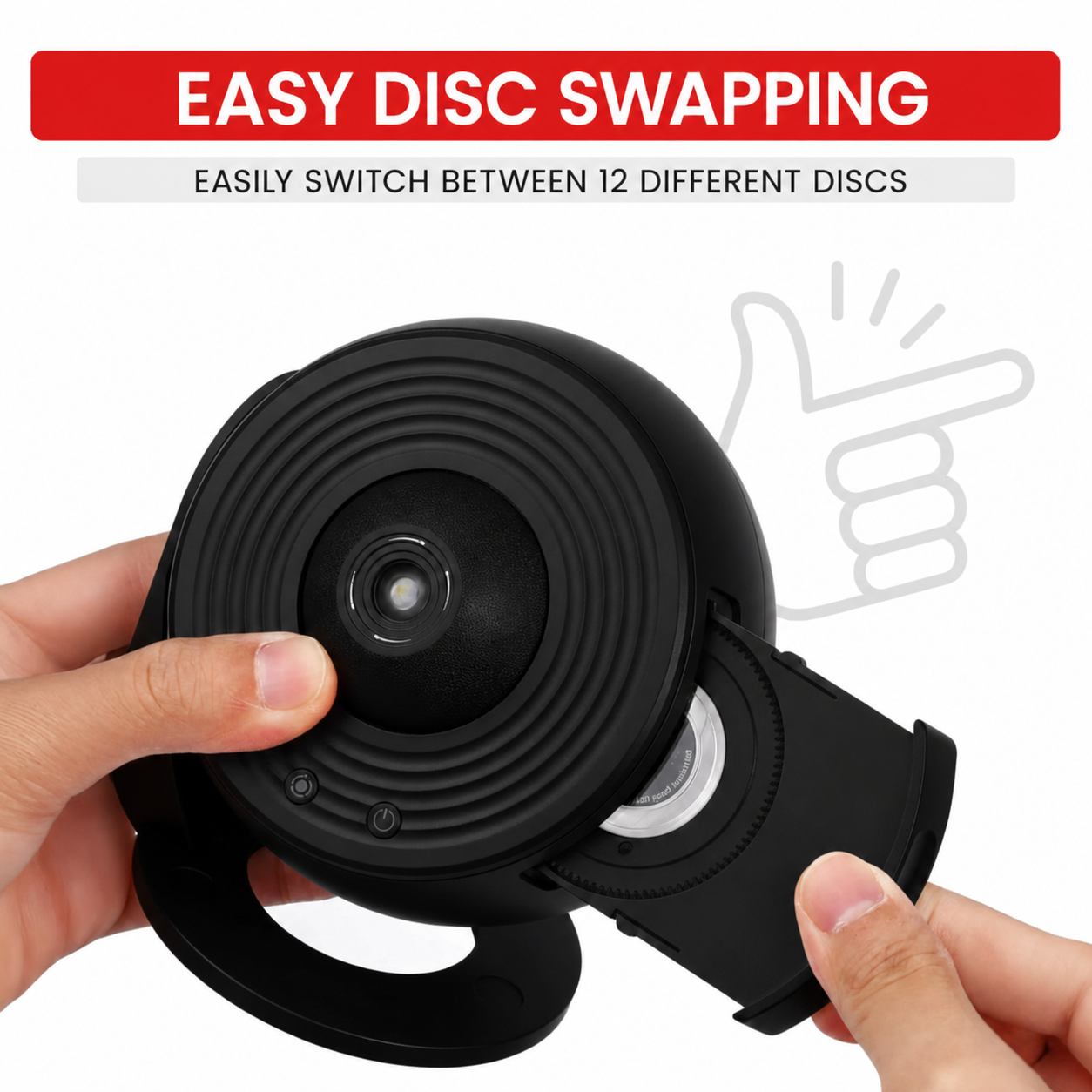 Hände halten ein schwarzes Gerät, während eine Disc eingeschoben wird. Text oben besagt: EASY DISC SWAPPING.