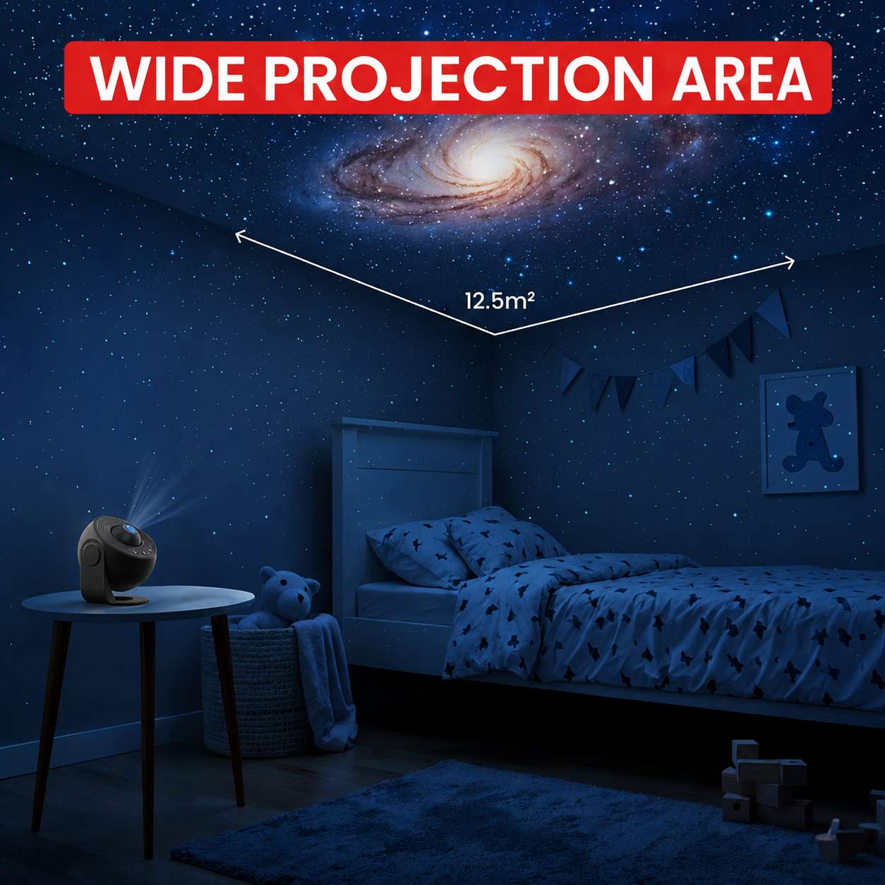 Ein Galaxie-Projektor wirft einen Sternenhimmel an die Decke eines Kinderzimmers.