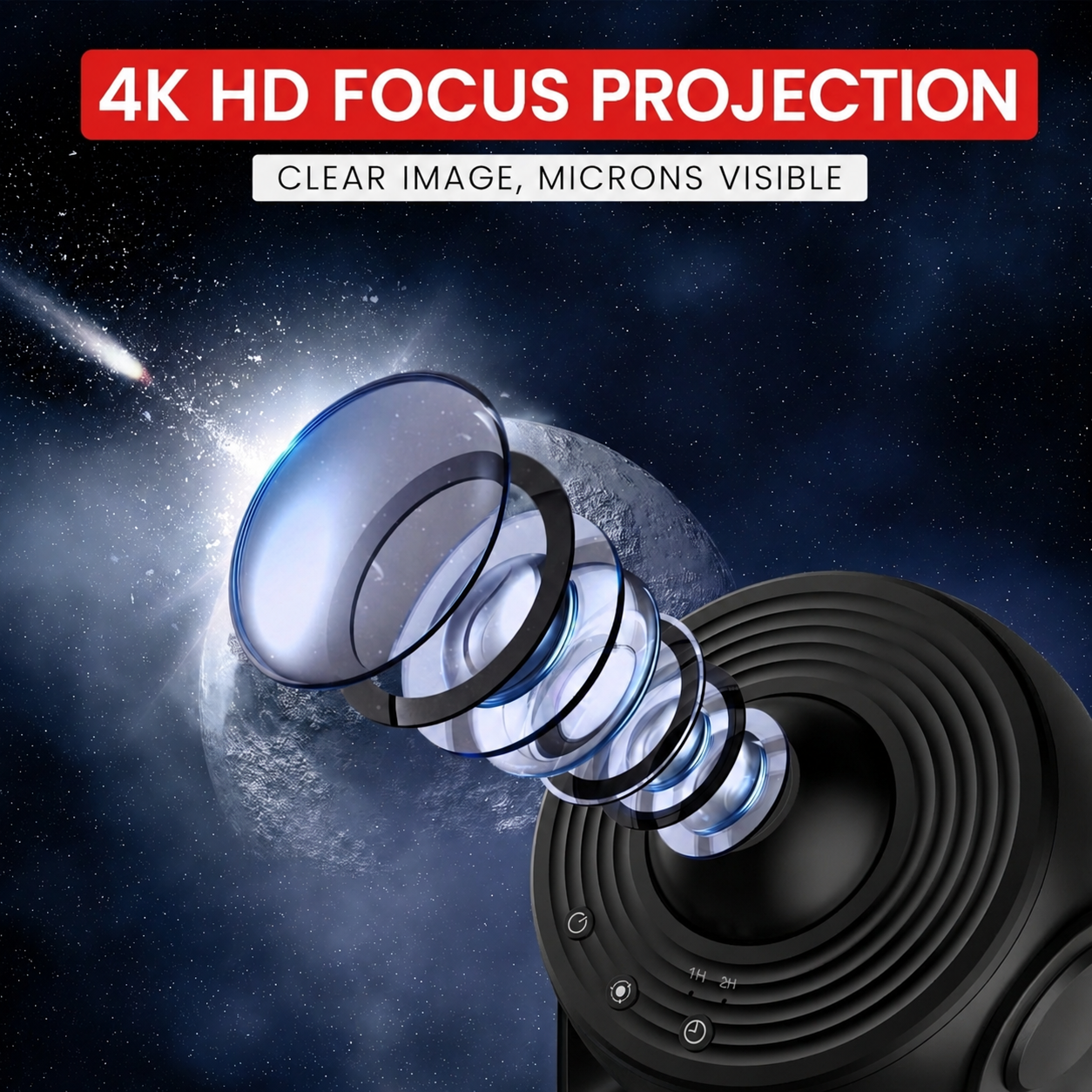 Eine optische Linse mit mehreren Glaselementen ragt vor einem Weltraumhintergrund aus einem schwarzen Projektor.