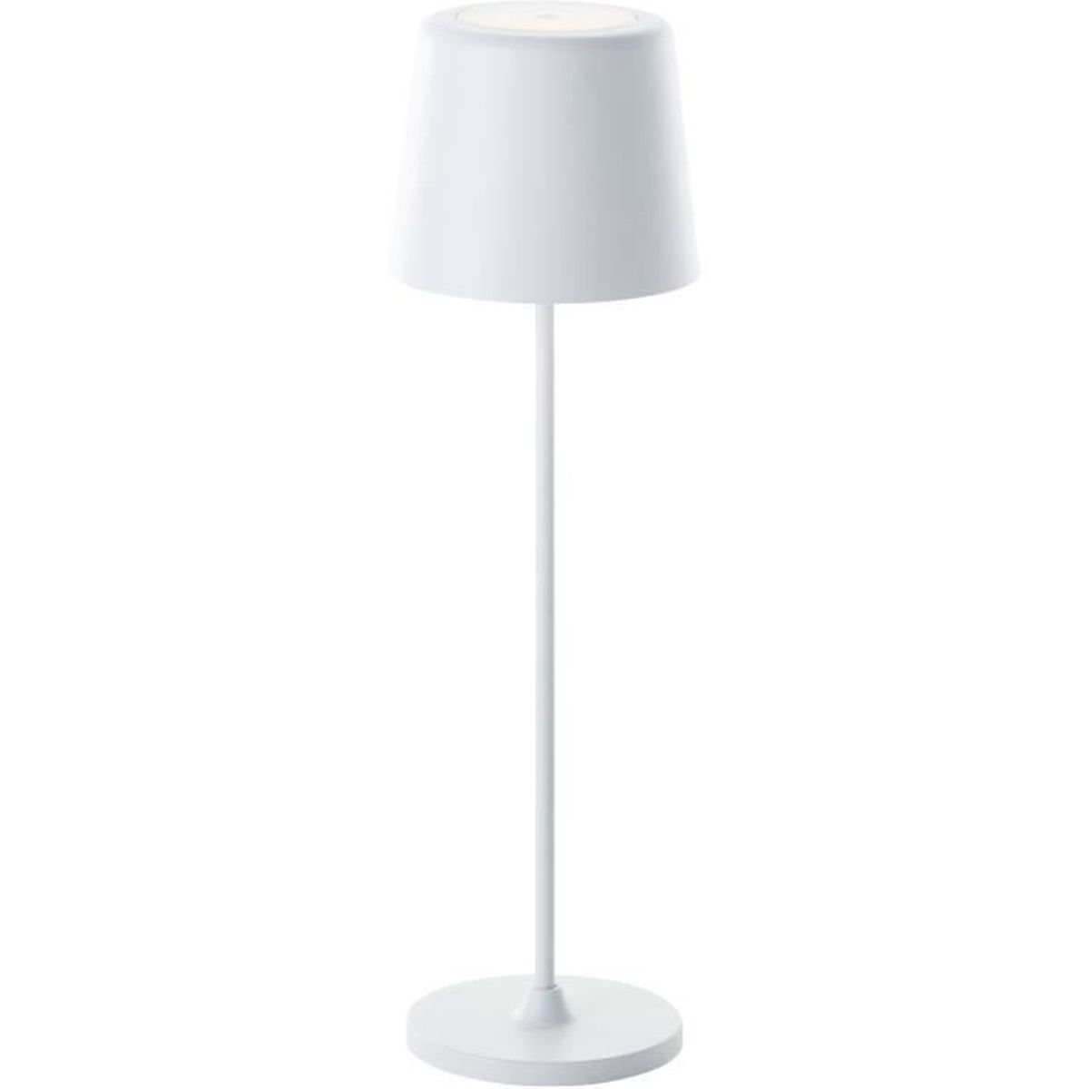 Eine weiße Tischlampe mit schlankem Stab und rundem Fuß vor weißem Hintergrund.