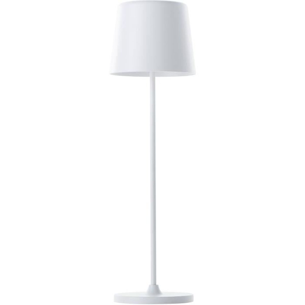 Eine schlichte, weiße moderne Tischlampe mit schlankem Ständer und konischem Schirm.