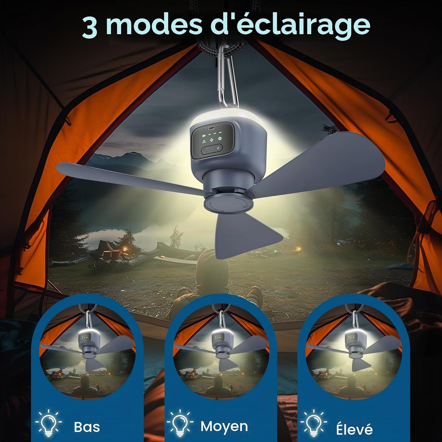 Tragbarer Camping-Deckenventilator mit LED-Beleuchtung und drei einstellbaren Helligkeitsstufen.