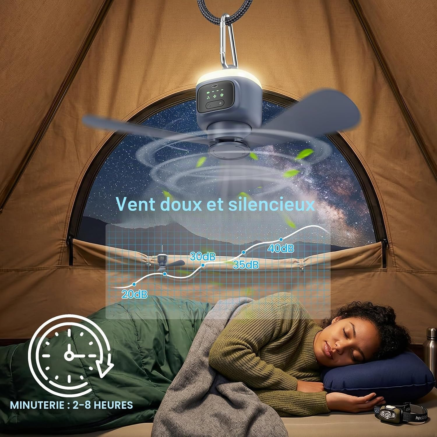 Eine Frau schläft in einem Zelt unter einem Hängeventilator mit Licht.