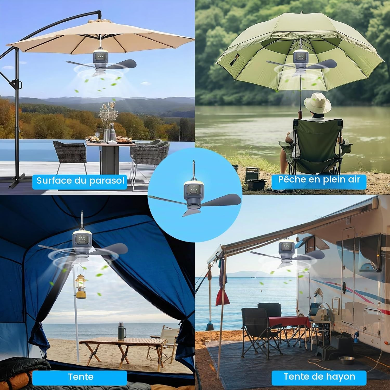 Vier Bilder zeigen einen tragbaren Deckenventilator im Einsatz unter Sonnenschirmen, in Zelten und an Wohnmobilen.
