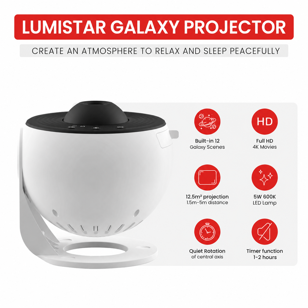 Lumistar Galaxie-Projektor mit weißem Gehäuse und schwarzer Oberseite sowie sechs Produktmerkmalen auf hellem Grund.