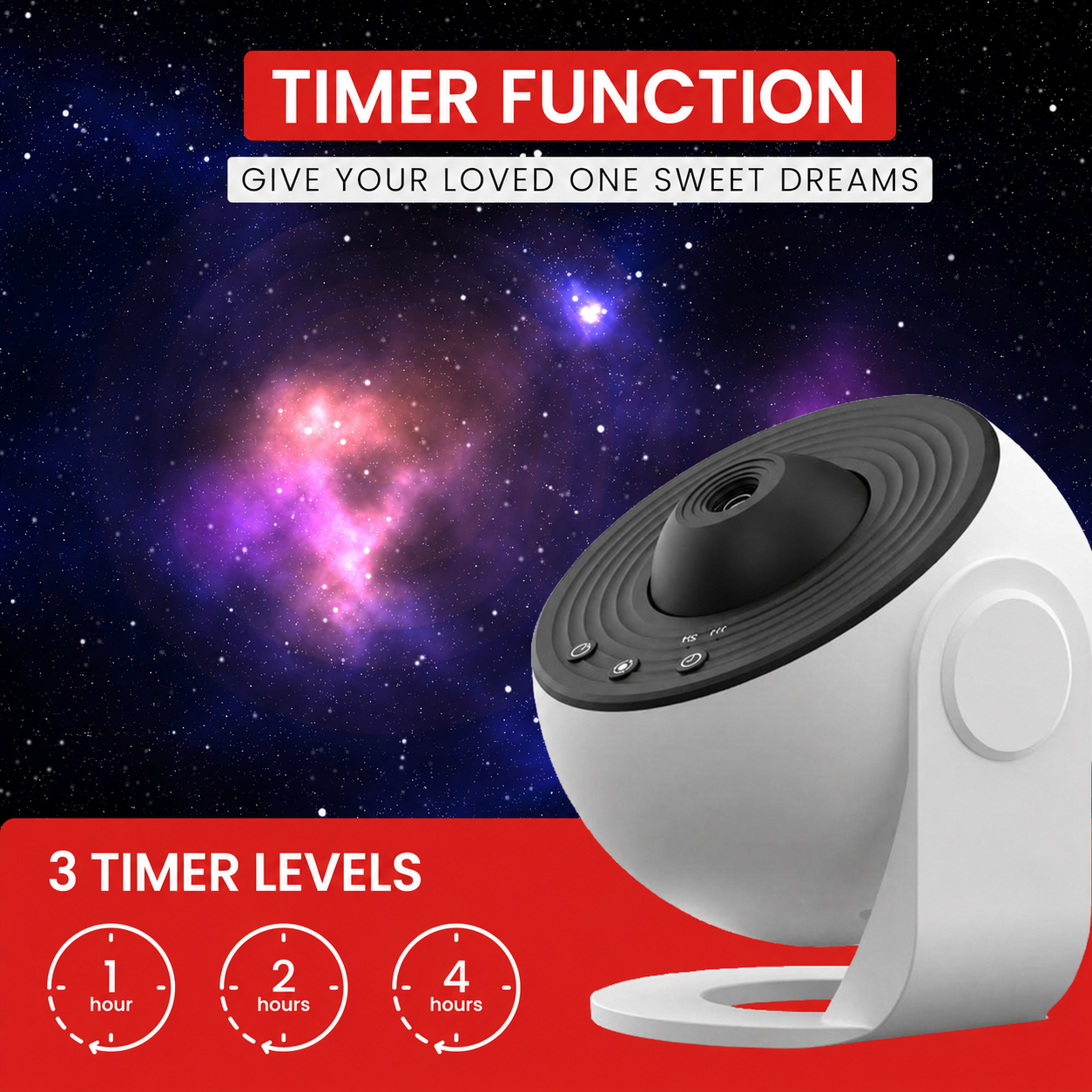 Ein weiß-schwarzer Sternenprojektor vor Galaxie-Hintergrund mit Text über die Timer-Funktion.