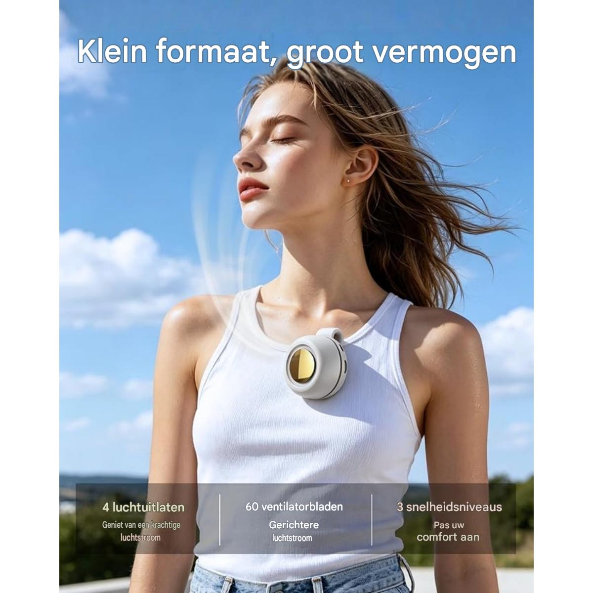 Eine Frau mit weißem Tanktop und einem kleinen Ventilatoren um den Hals im Freien unter blauem Himmel.