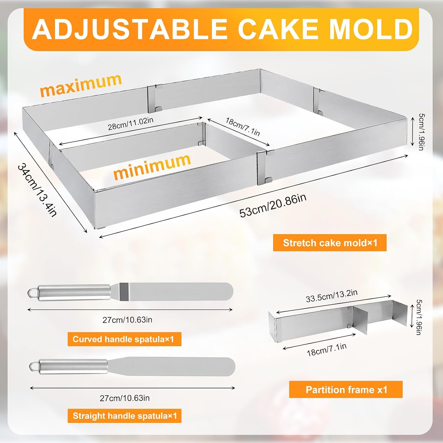 Verstellbare Kuchenform aus Edelstahle mit Spateln und Trennwänden, Maßangaben.