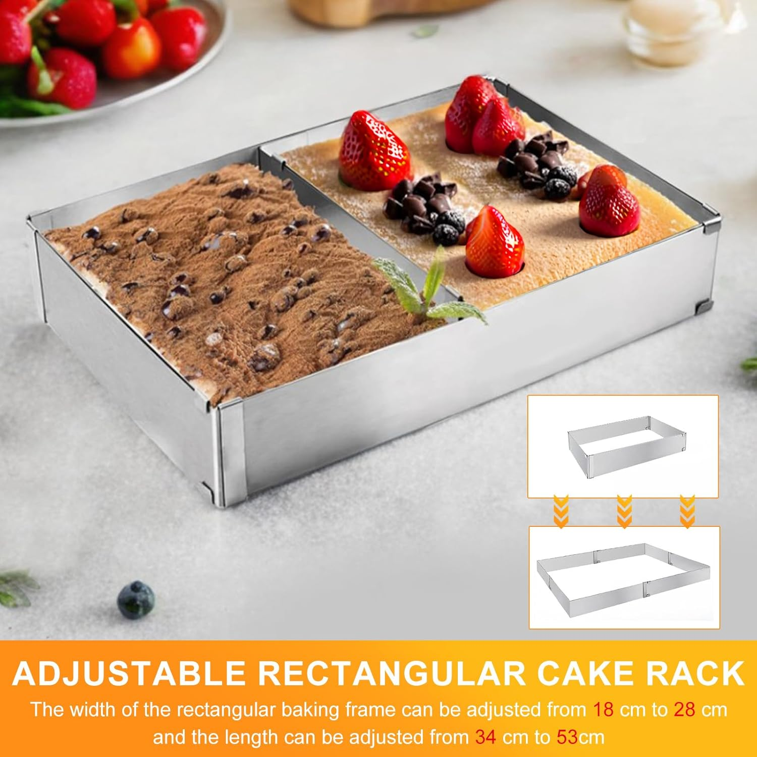 Verstellbarer rechteckiger Backrahmen aus Edelstahl mit Kuchen, Erdbeeren und Schokolade.