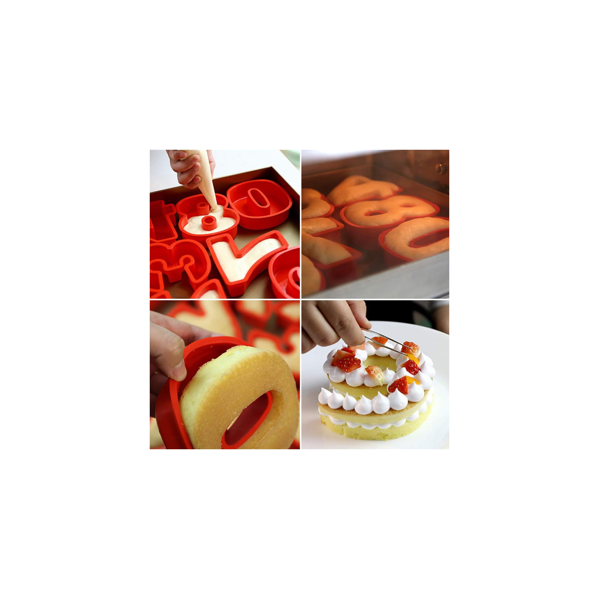 Vier Bilder zeigen das Backen und Dekorieren eines Kuchen-Zahlen-Sets mit roten Silikonformen, Sahne und Erdbeeren.