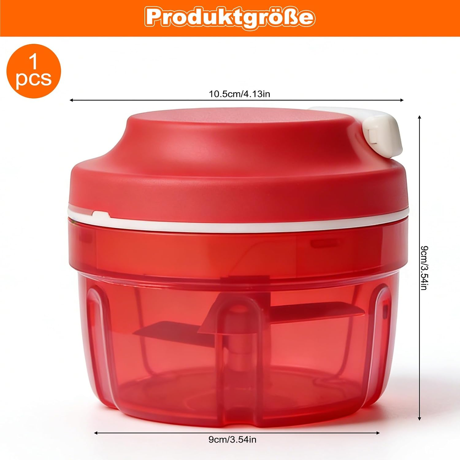 Roter manueller Gemüseschneider mit Maßen: 10,5cm Breite und 9cm Höhe.
