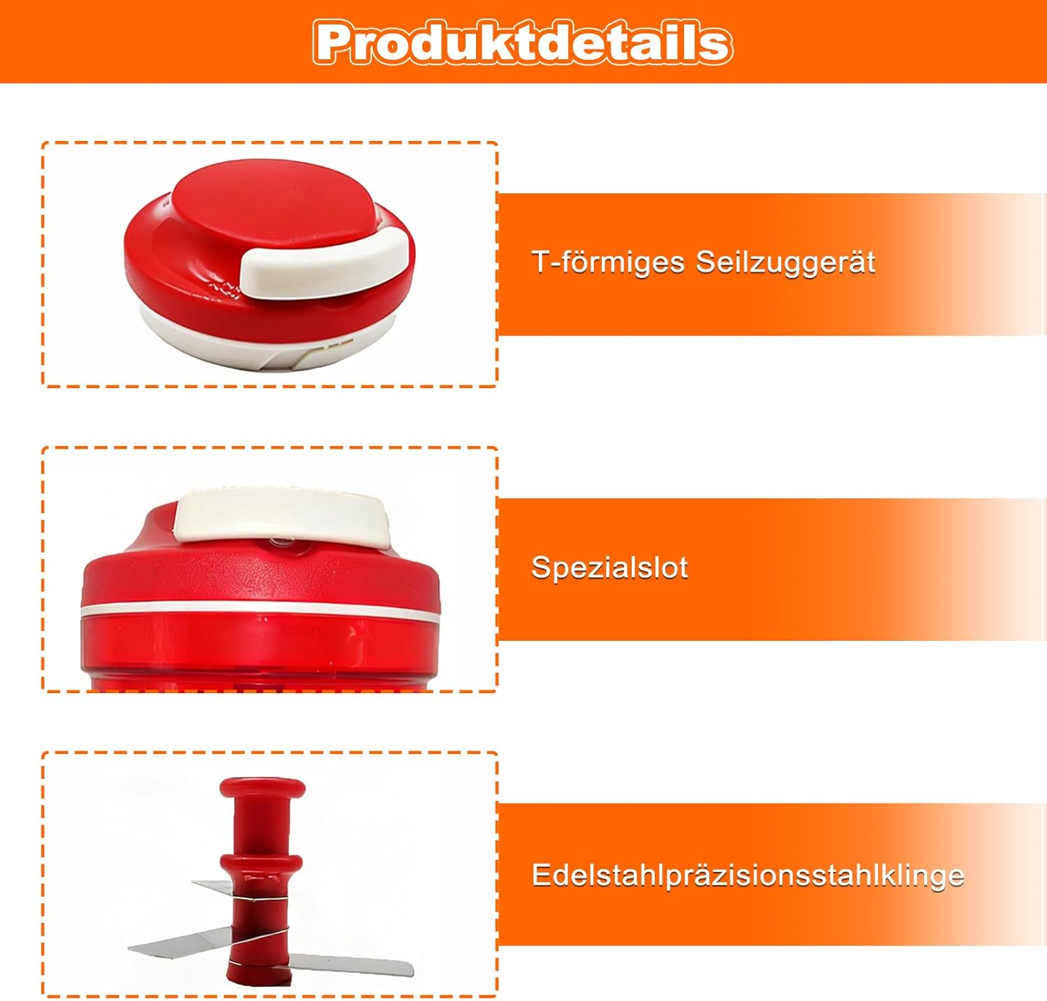 Produktdetails eines roten Gemüseschneiders mit Seilzug und Edelstahlklinge.