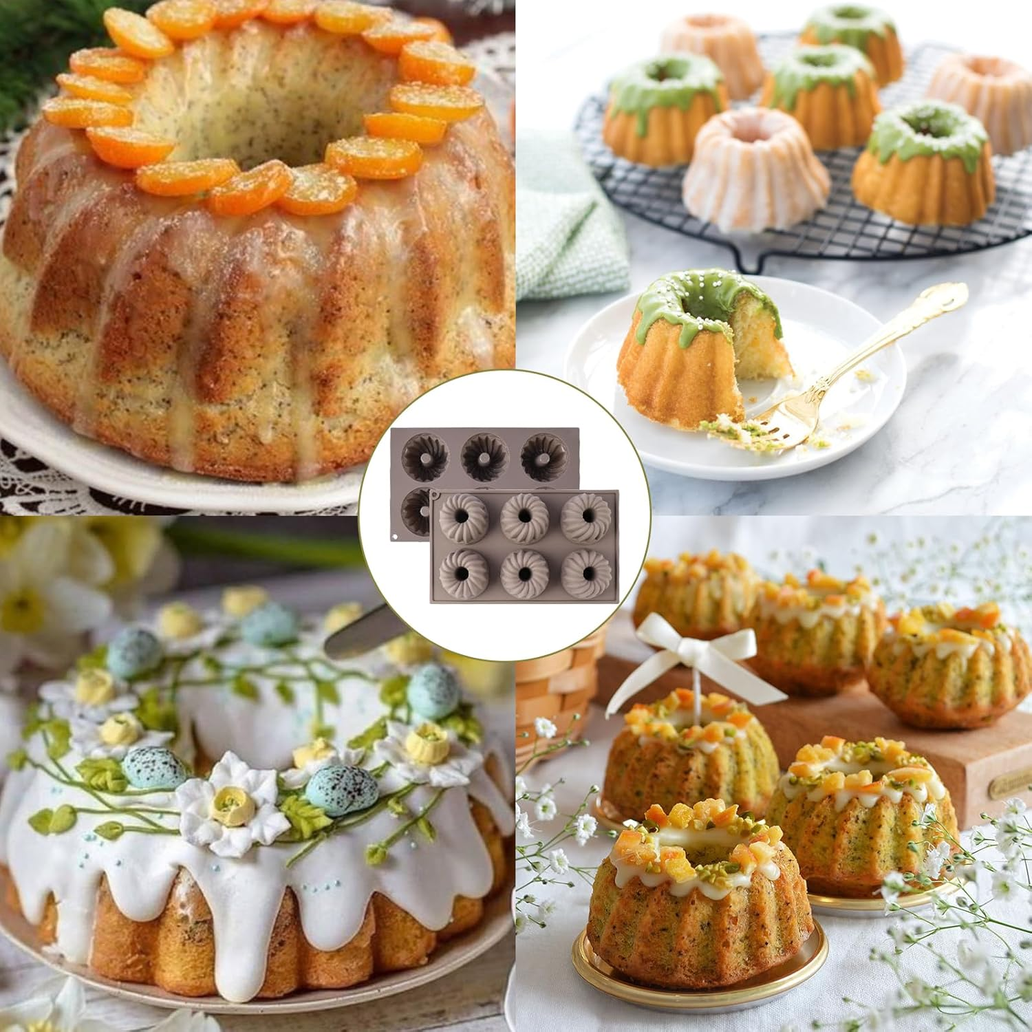 Verschiedene gebackene Kuchen, darunter ein großer mit Orangen, Mini-Gugelhupfe mit Glasur und Silikonbackformen.