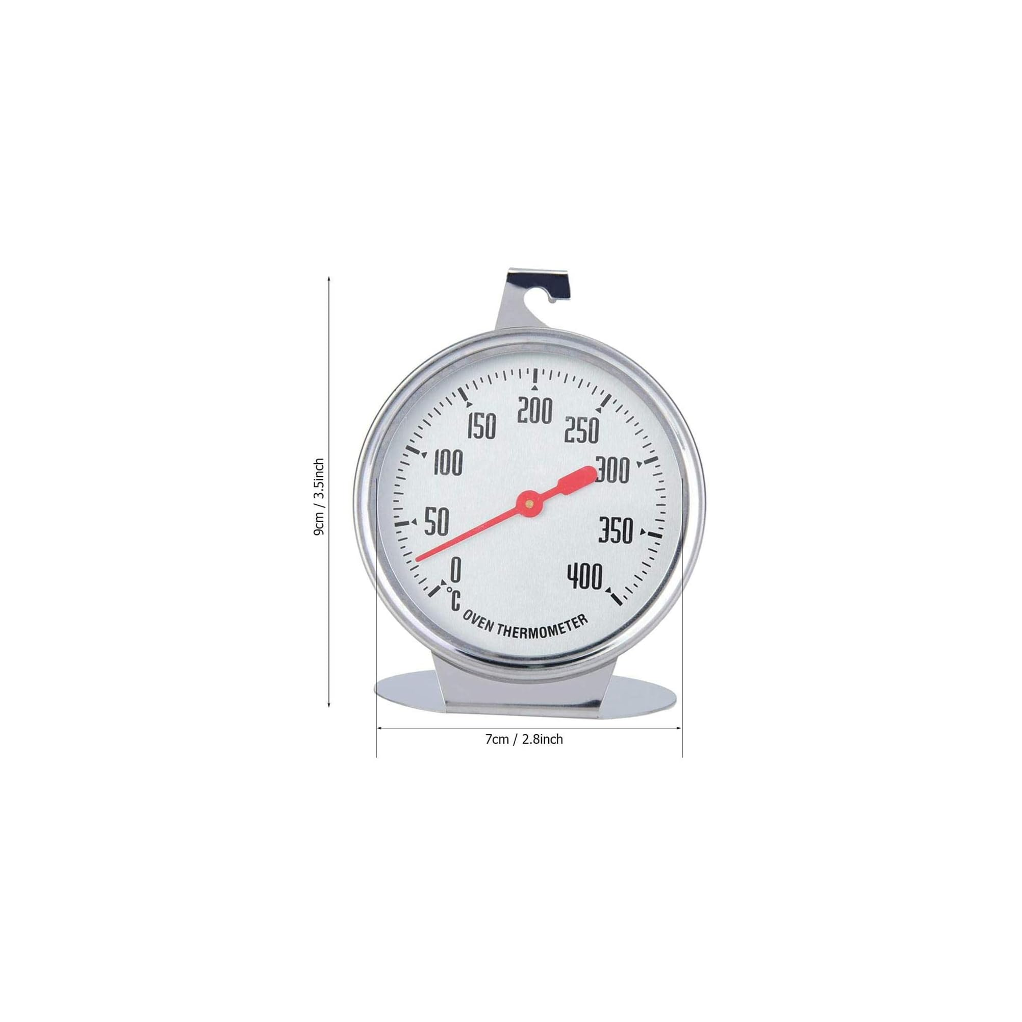 Edelstahl-Ofenthermometer mit analogem Zifferblatt und roten Zeigern vor weißem Hintergrund.