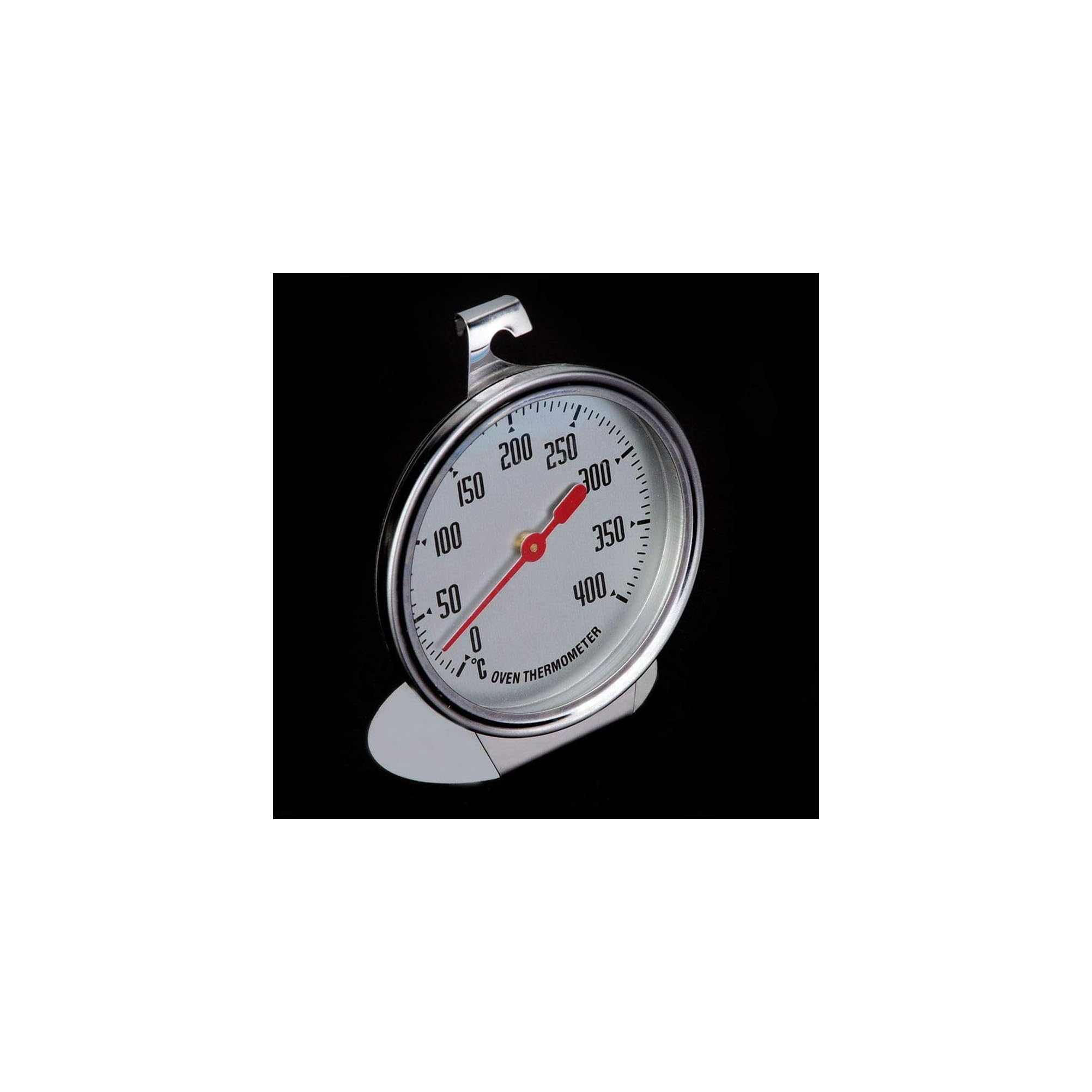 Ein silbernes Ofenthermometer mit weißem Zifferblatt und rotem Zeiger, das Temperaturen bis 400 °C anzeigt.