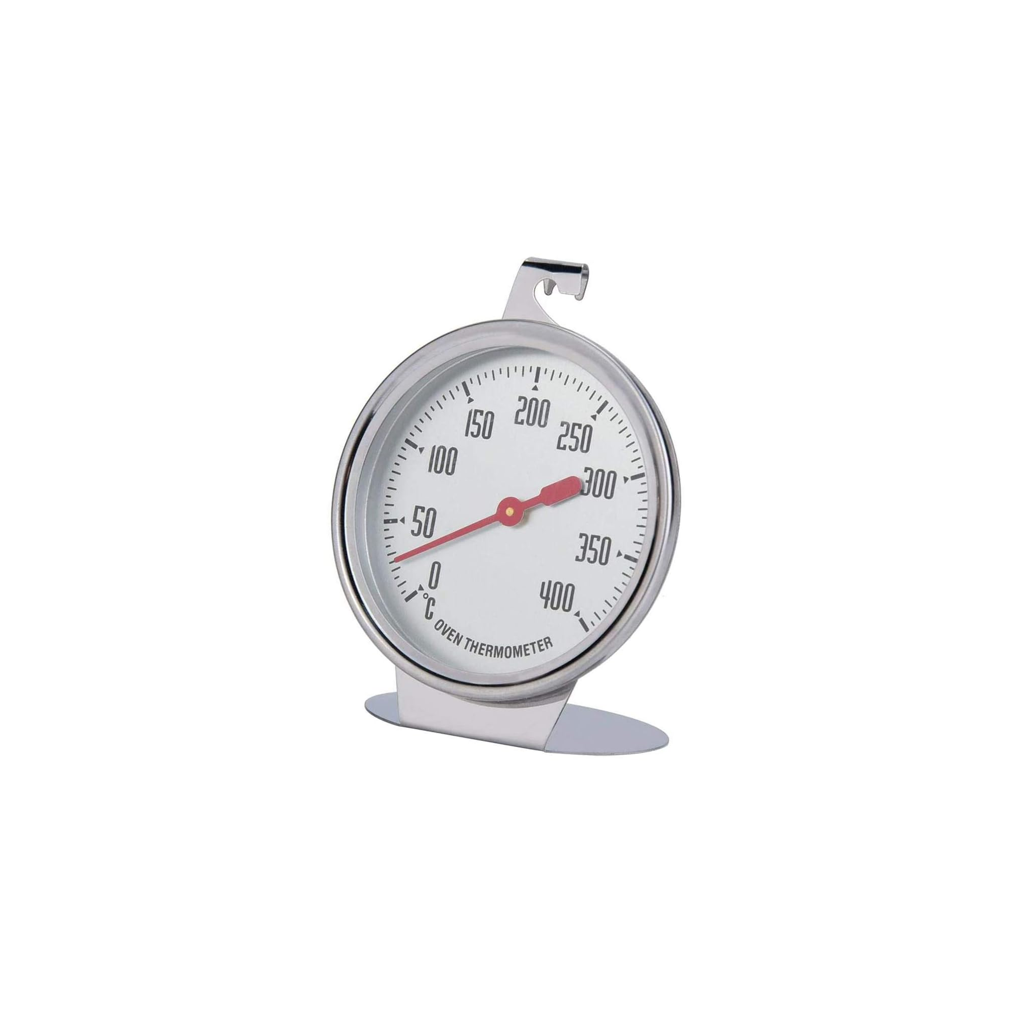 Ein silberner Ofenthermometer mit weißem Zifferblatt und rotem Zeiger auf weißem Hintergrund.