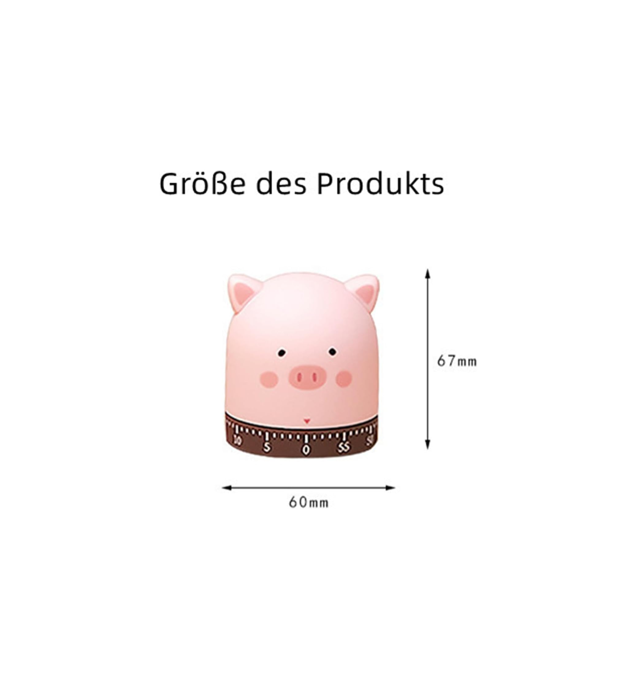 Ein kleiner rosa Schwein-Timer mit Maßen von 60 mm Breite und 67 mm Höhe.