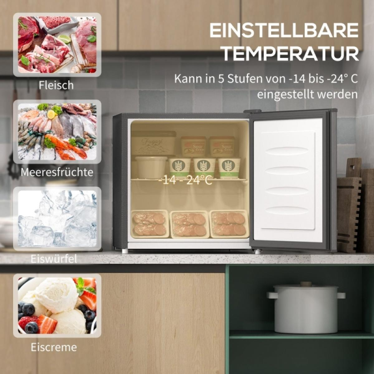 Kleine offene Gefriertruhe auf der Küchenarbeitsplatte mit temperaturempfindlichen Lebensmitteln.