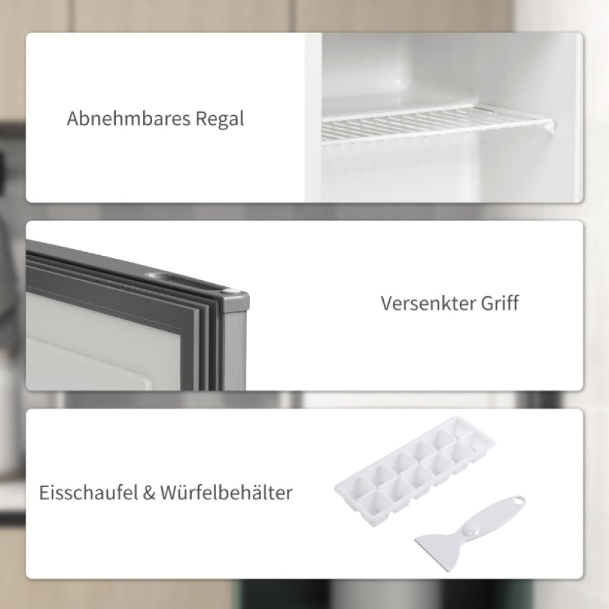 Drei Bilder zeigen Regale, versenkten Griff sowie Eisschaufel und Eiswürfelbehälter.