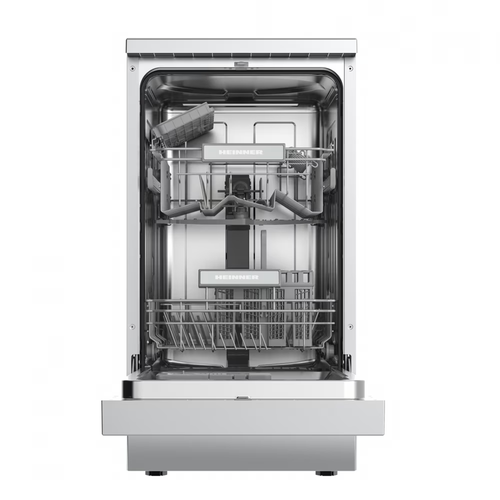 Open stainless steel dishwasher with two pull-out grey racks and silver handles against a white background.