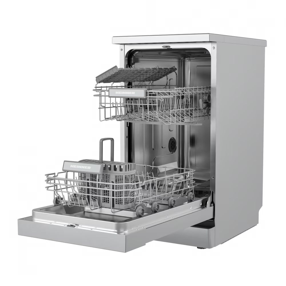 A silver dishwasher with its door open, showing upper and lower wire racks and a cutlery basket on a white background.