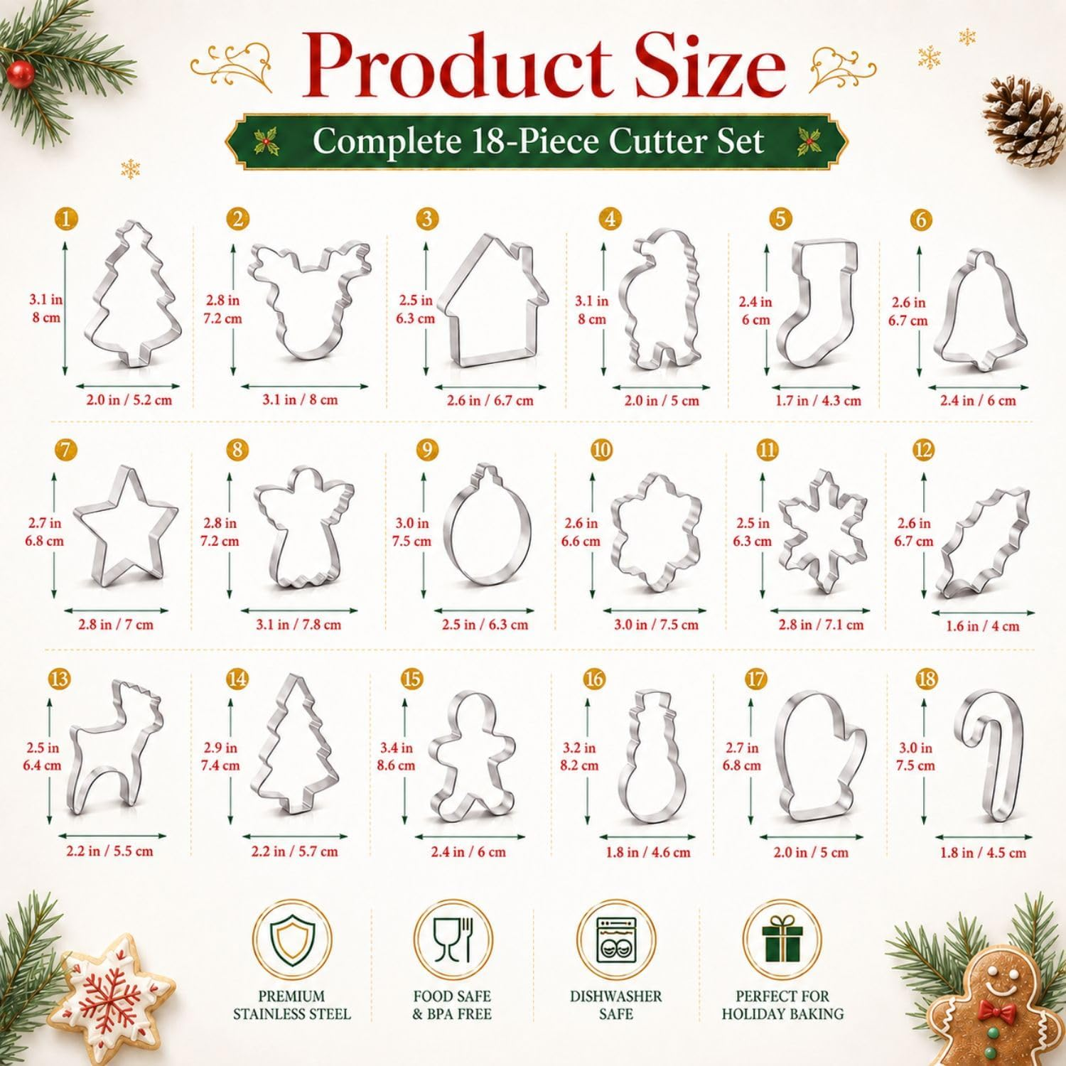 Produktgrößendiagramm für ein 18-teiliges Weihnachtsausstecher-Set mit Maßen.