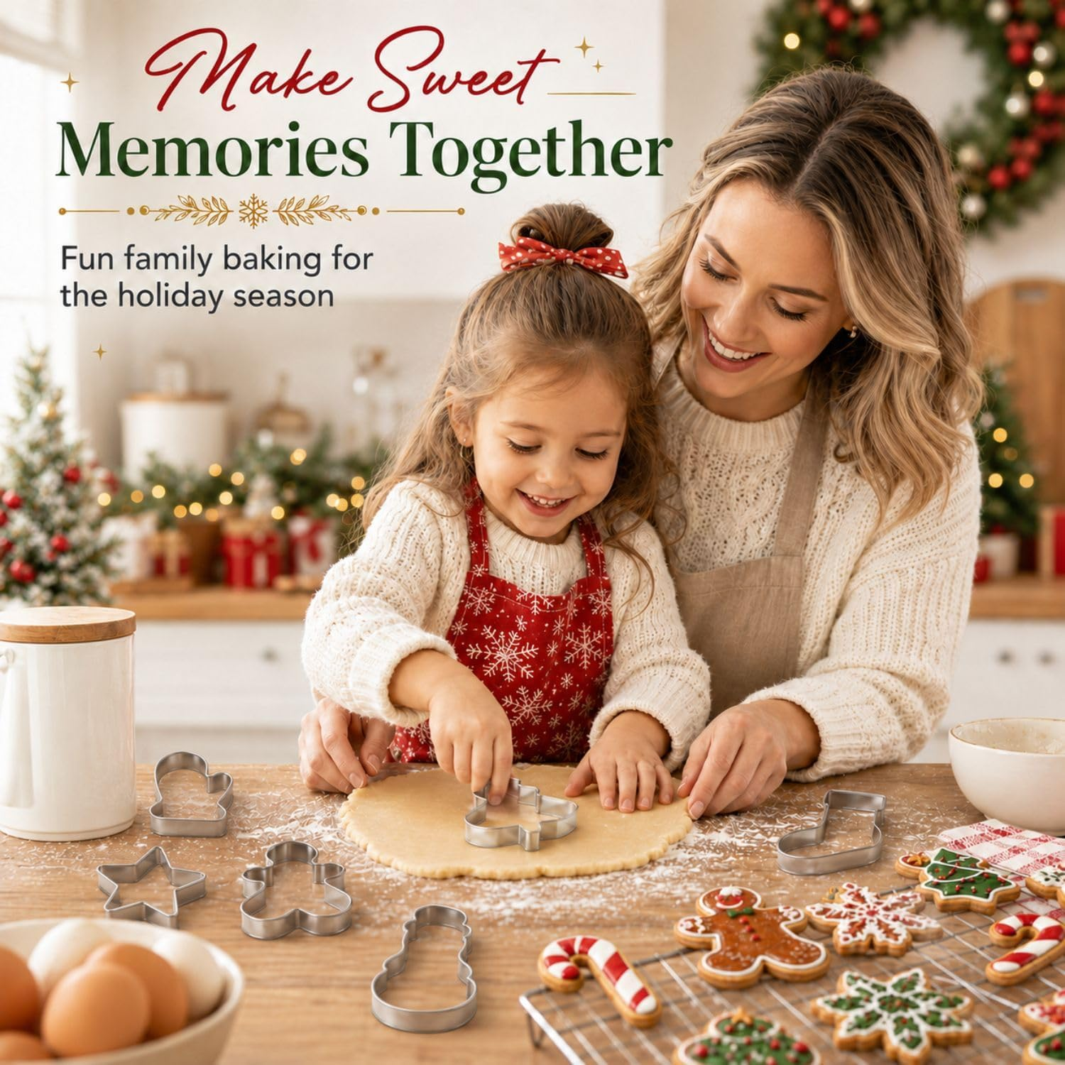 Eine Frau und ein Mädchen backen in einer weihnachtlich geschmückten Küche Plätzchen.