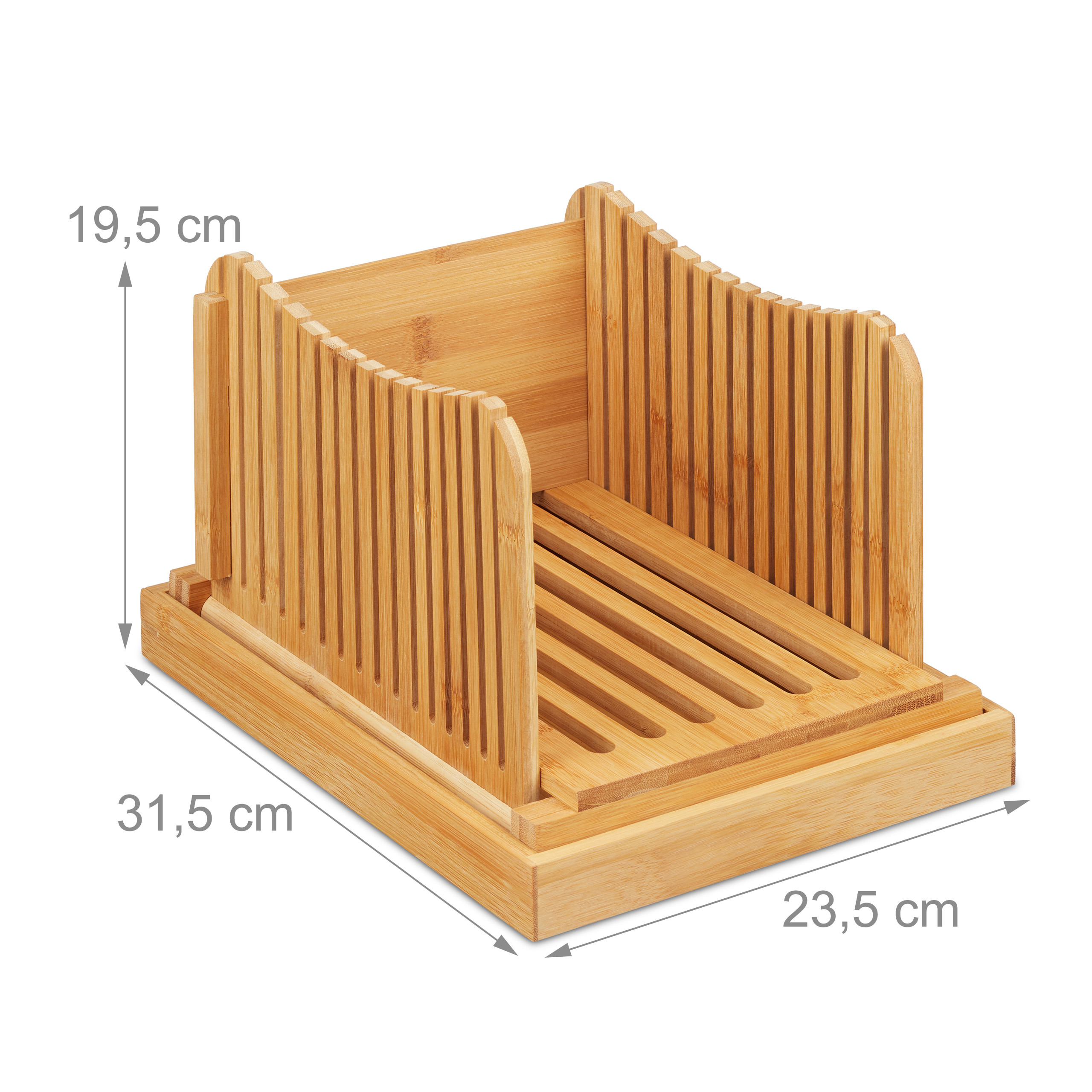 Eine Brotschneidehilfe aus Holz mit Maßen: 19,5 cm Höhe, 31,5 cm Länge und 23,5 cm Breite.