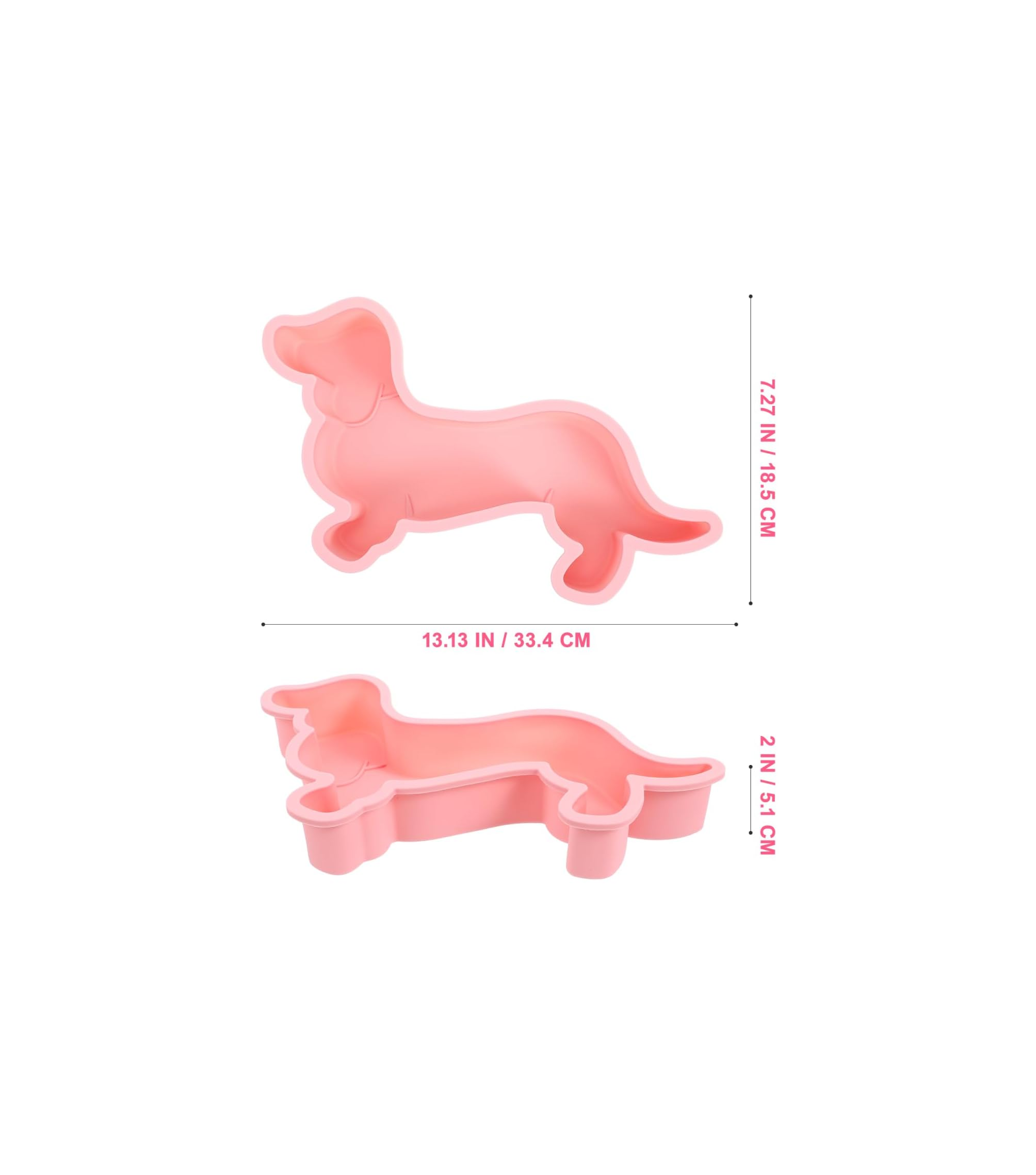 Rosa Dackel-Kuchenform mit Maßangaben zu Länge, Höhe und Tiefe auf weißem Hintergrund.