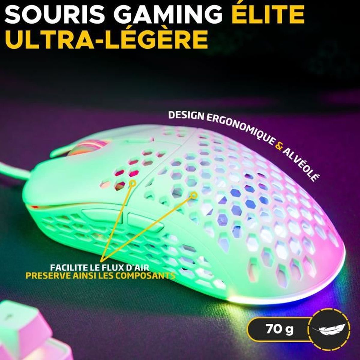 Weiße, ultraleichte Gaming-Maus mit Wabenmuster und bunter RGB-Beleuchtung.